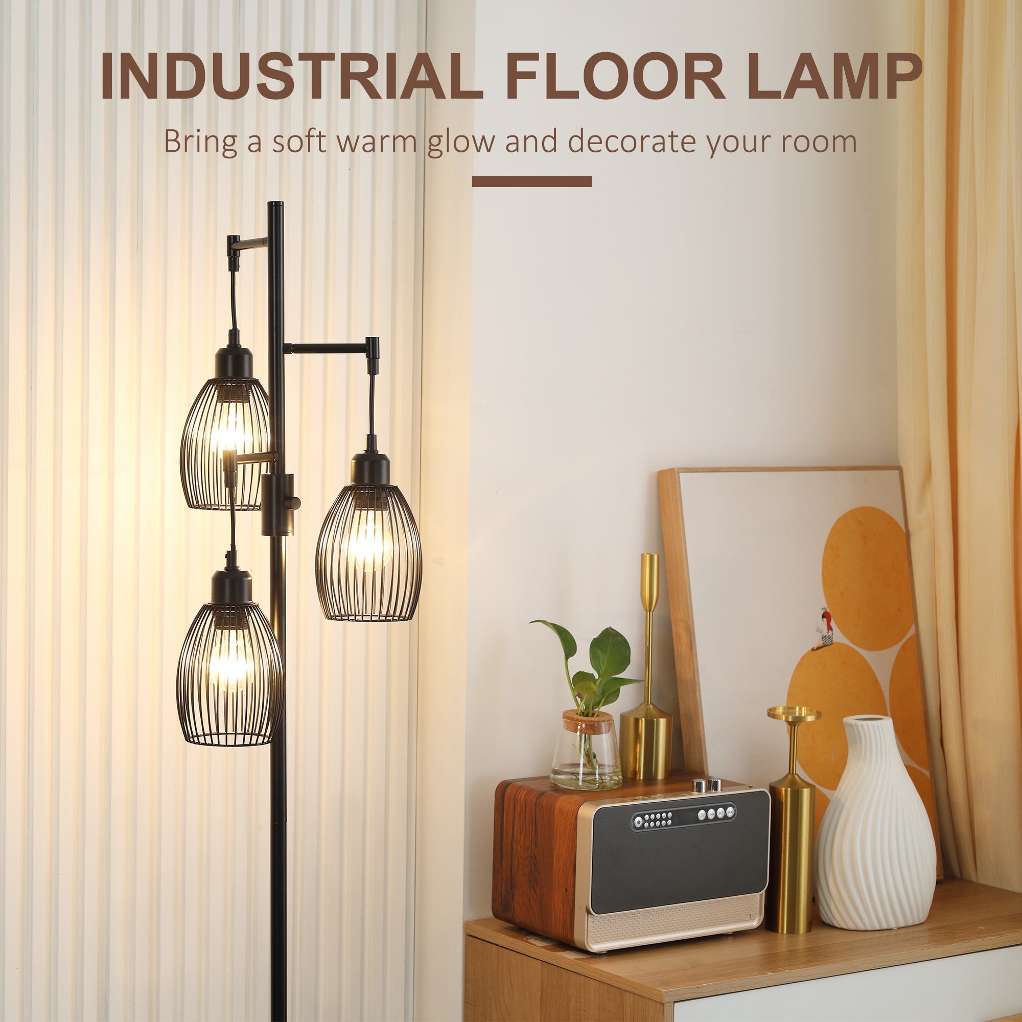 HOMCOM Industrial Floor Lamp 3 Hanging Shades Dimmable for Living Room Bedroom Black