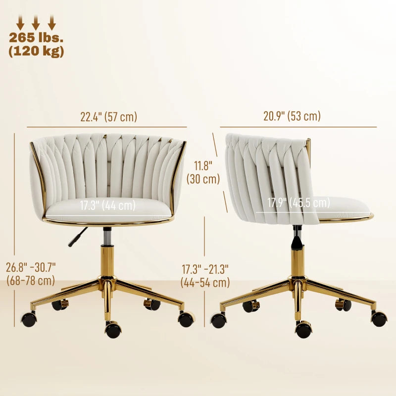 Office Chair, Vanity Chair with Woven Back, Adjustable Height, Rolling Wheels, Cream White
