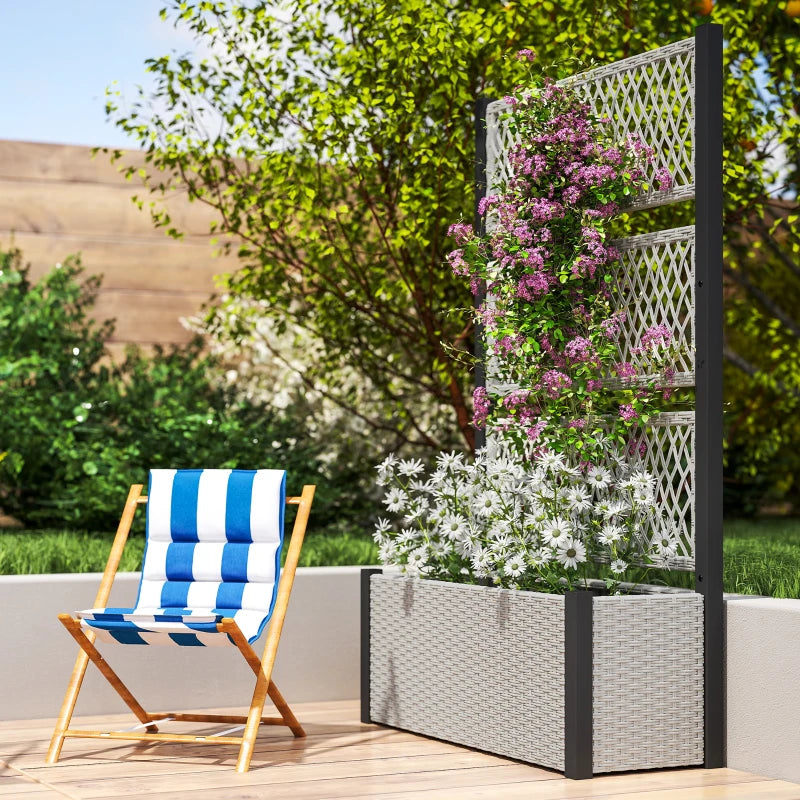 Wicker Outdoor Planter with Trellis, 58" Standing Garden Bed with Liner, Drainage Holes for Climbing Plants, Mixed Grey