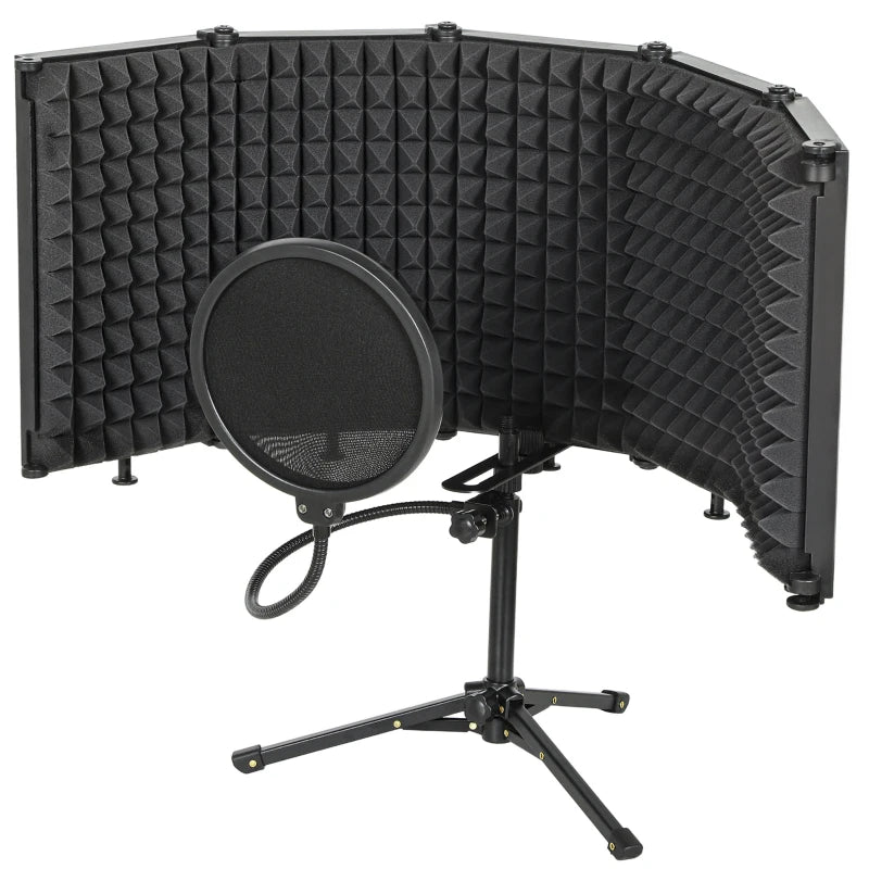 Foldable Studio Recording Microphone Isolation Shield with Pop Filter, Stand, 3/8" Threaded Mount, Black