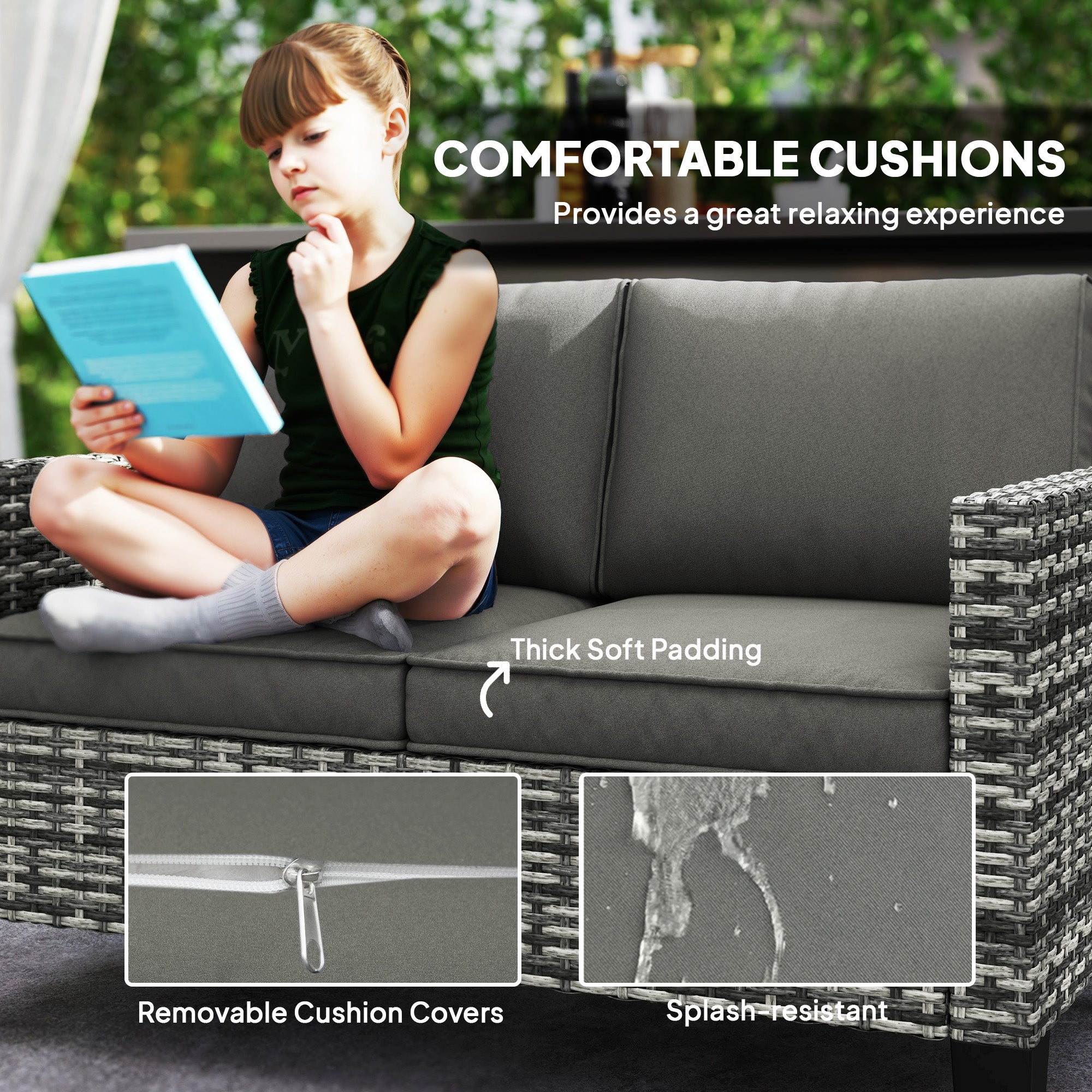 Outsunny 2 Seater Rattan Outdoor Sofa, Patio Couch Loveseat with Cushions and Armrests for Garden, Balcony, Dark Grey