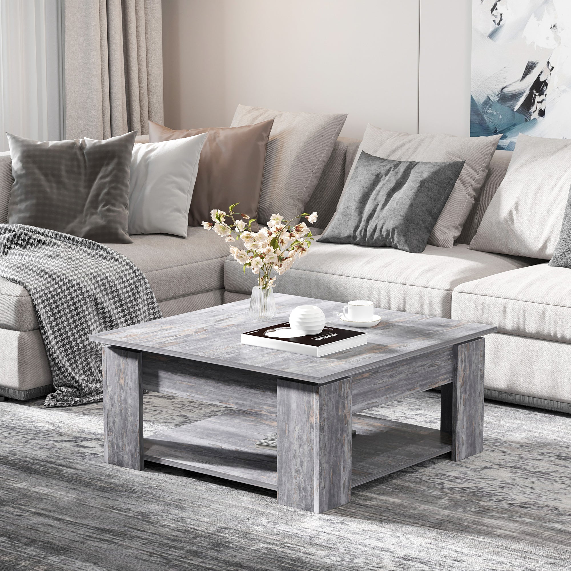HOMCOM Grey Modern Coffee Table: Square Cocktail Table with Storage Shelf for Living Room