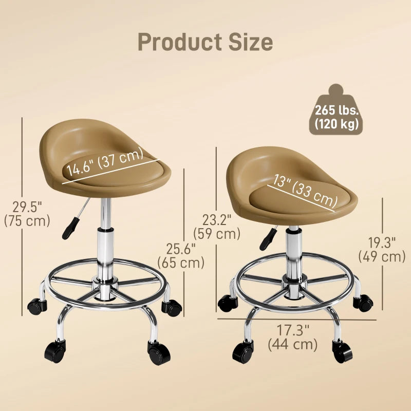PU Leather Rolling Stool, Height Adjustable Swivel Salon Chair with Backrest and Foot Rest for Spa, Tattoo, Light Brown