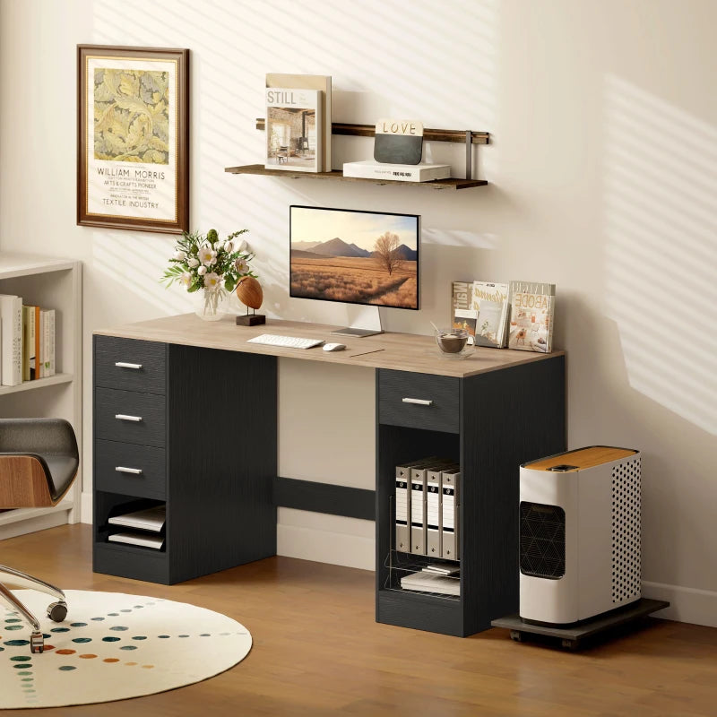 Office Desk, 55" Computer Desk with 4 Reversible Drawers, Mobile PC Stand, Adjustable Shelf, Black Wood Grain