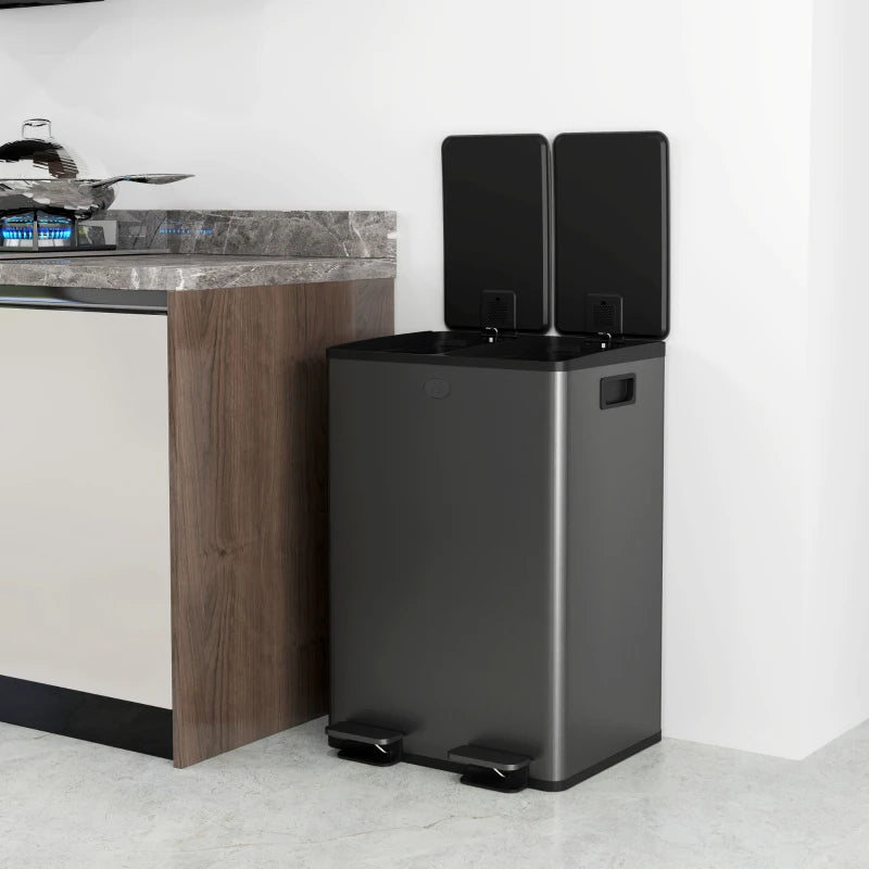 Dual Garbage Bin, Soft-Close Trash Can with Foot Pedal, 2 x 28 Liter Garbage Can with Removable Inner Buckets, Black