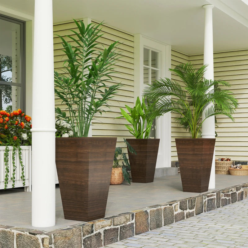Tall Planter for Outdoor Plants Set of 3, 28 Inch Taper Planter with Drainage Holes, Brown