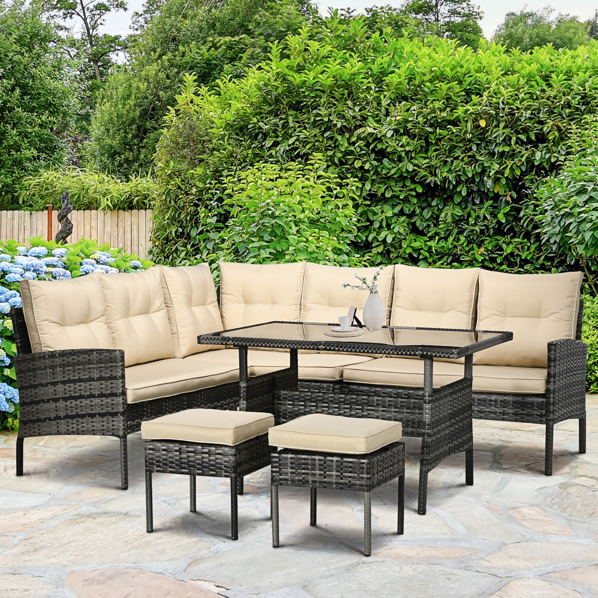 Outsunny 6pc Outdoor Patio Dining Set PE Rattan Sofa Chair Table Cushions Khaki