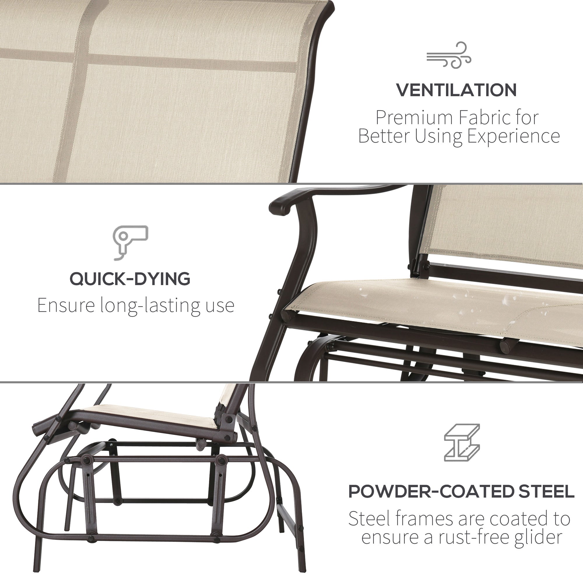 Outsunny Garden Double Gliding Chair, Patio Glider Armchair for Outdoor, Backyard Mesh Seat and Backrest, Steel Frame, Khaki