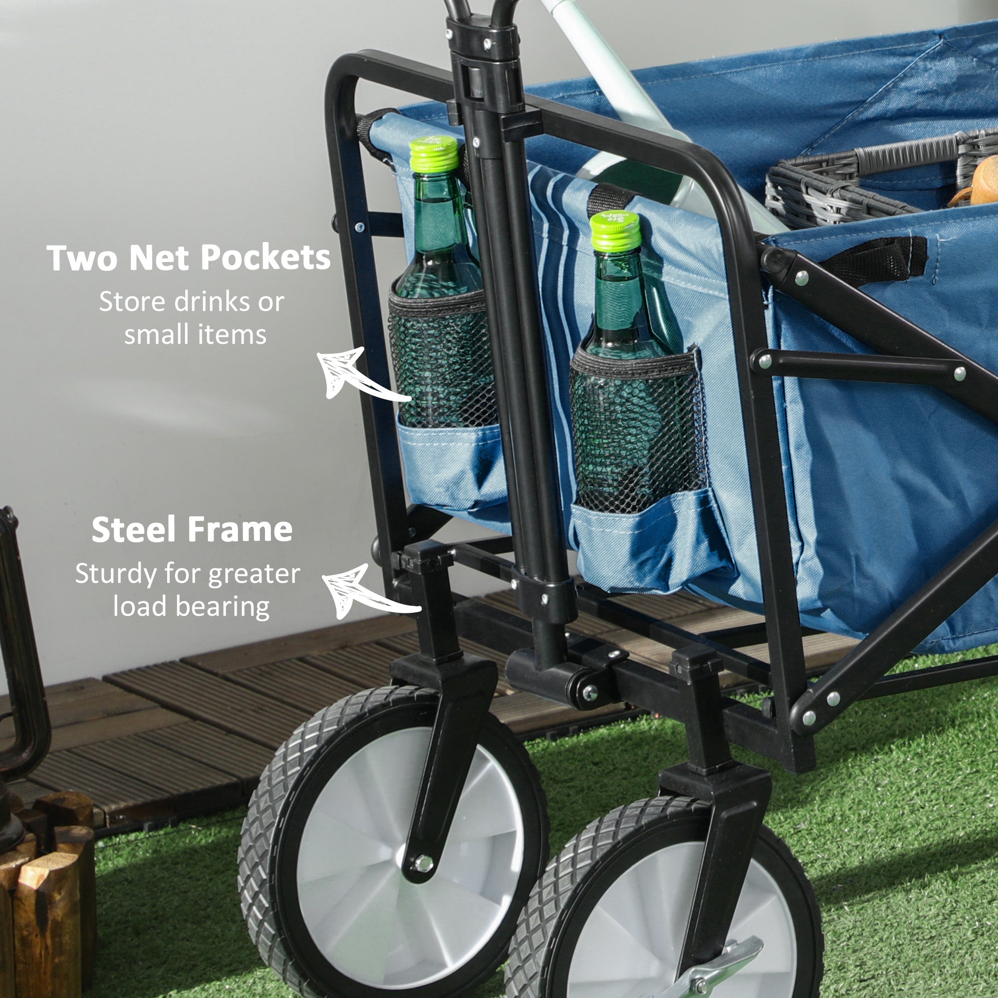 Outsunny Folding Wagon Cart Collapsible Camping Trolley Garden Heavy Duty Shopping Cart with Navy Blue