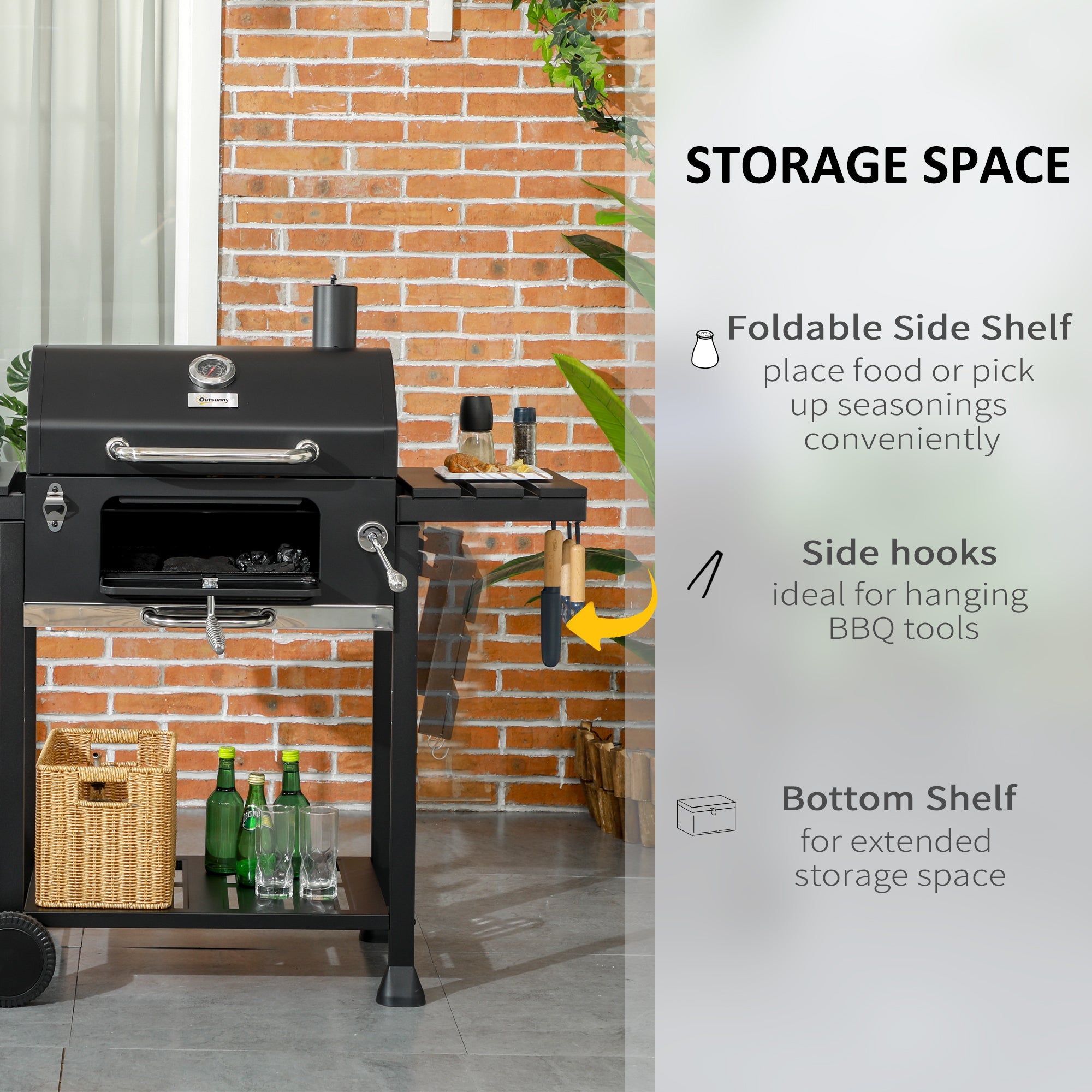 Outsunny Charcoal BBQ Grill Smoker, Adjustable Charcoal Pan, Galvanised Steel, Barbecue Trolley with Storage, Outdoor Cooking