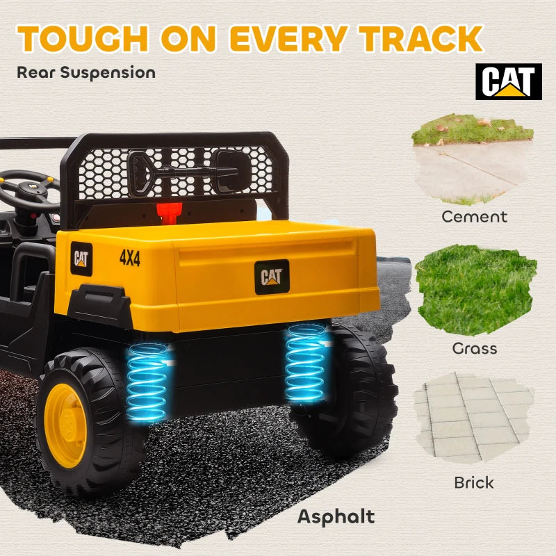Qaba 24V Kids Ride on Tractor, 4WD 2 Seater Licensed Caterpillar Electric Vehicle with Remote Control, Dump Bed, Yellow