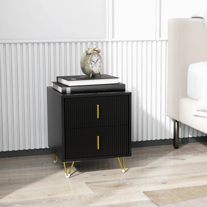 Bedside Table, Modern Nightstand with 2 Drawers, Side End Table with Metal Legs for Living Room, Bedroom, Black