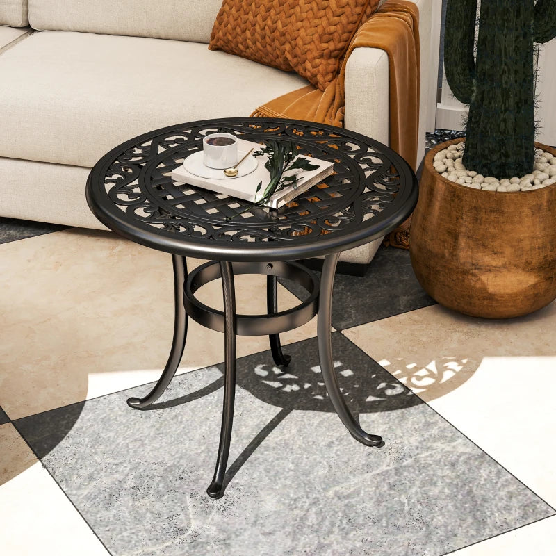 Ф23.6" Round Outdoor Side Table, Cast Aluminum Frame Patio Coffee Side Desk for Patio, Garden, Balcony, Black