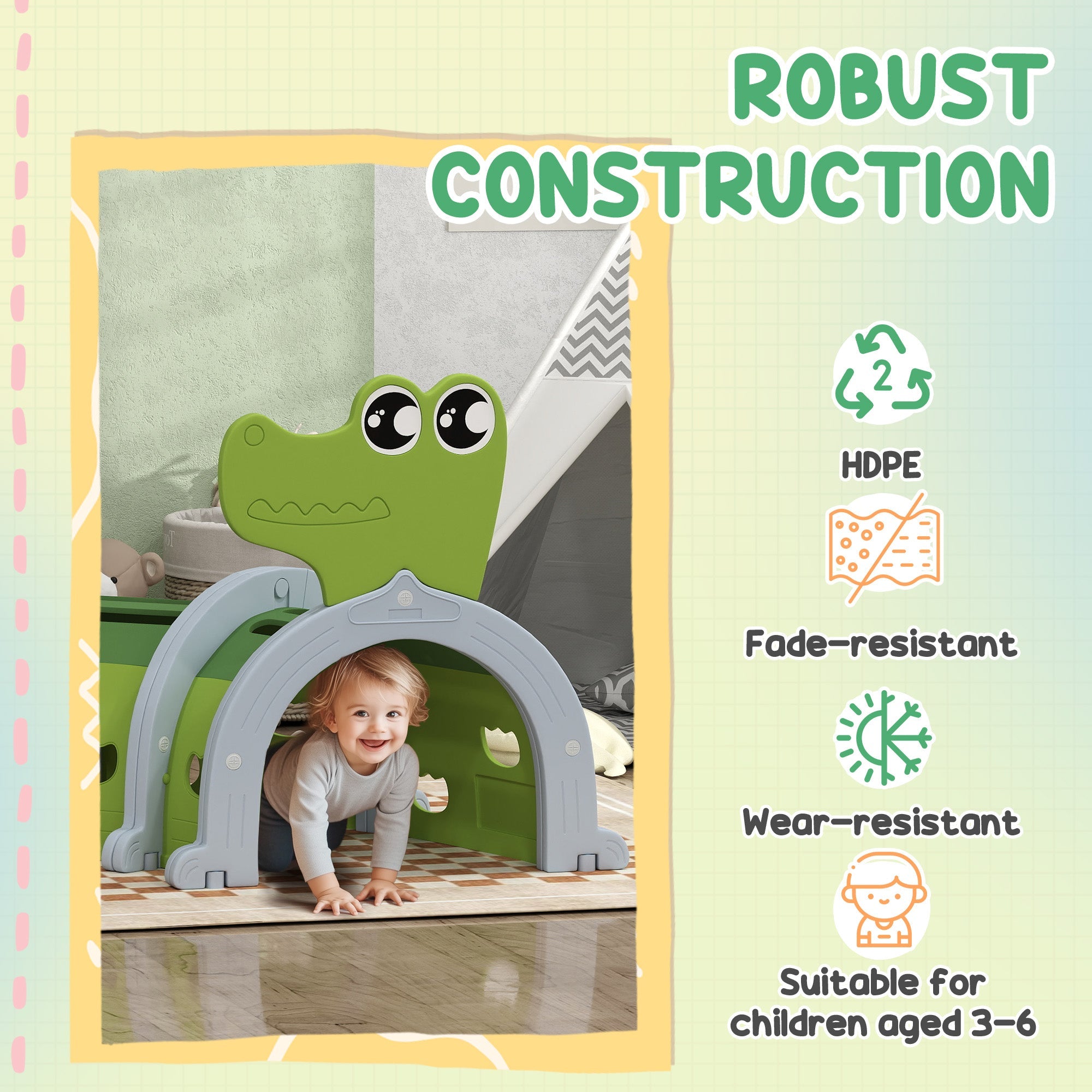 Qaba Crocodile Design Kids Play Tunnel for Indoor Outdoor, Green