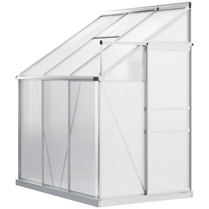 6' x 4' Aluminum Lean-to Greenhouse Polycarbonate Walk-in Garden Greenhouse with Adjustable Roof Vent, Rain Gutter and Sliding Door for Winter, Clear