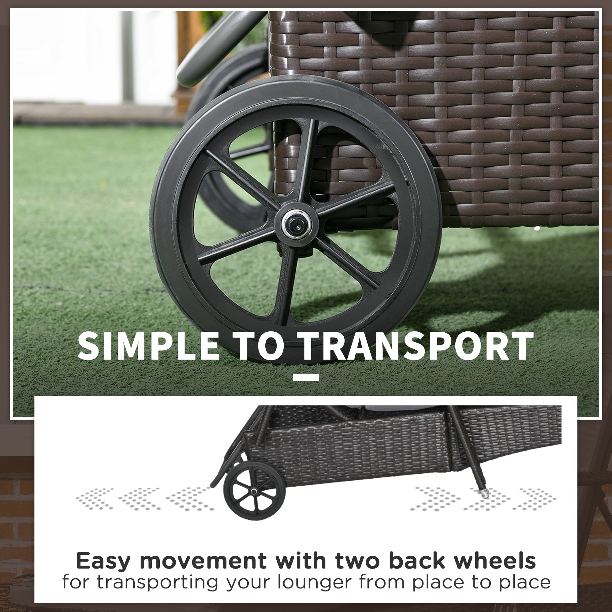 Outsunny Outdoor Lounger Deck Lounge Chair Headrest 5-Level Adjustable Backrest Wheels Deep Coffee Light Grey