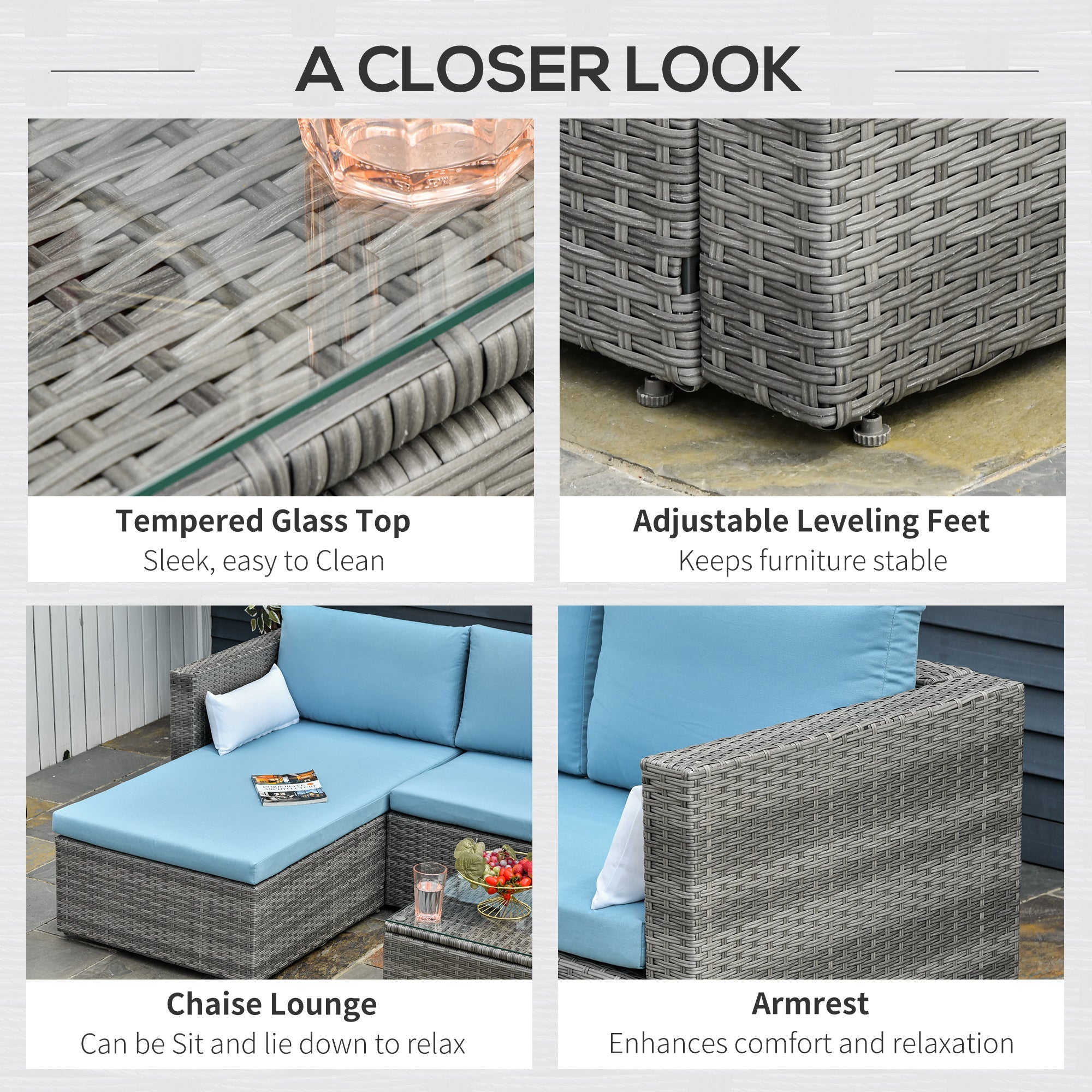 Outsunny 3-Piece Modern Outdoor Patio All-hand Woven Rattan Wicker Furniture Patio Coffee Table Sofa Set - Blue