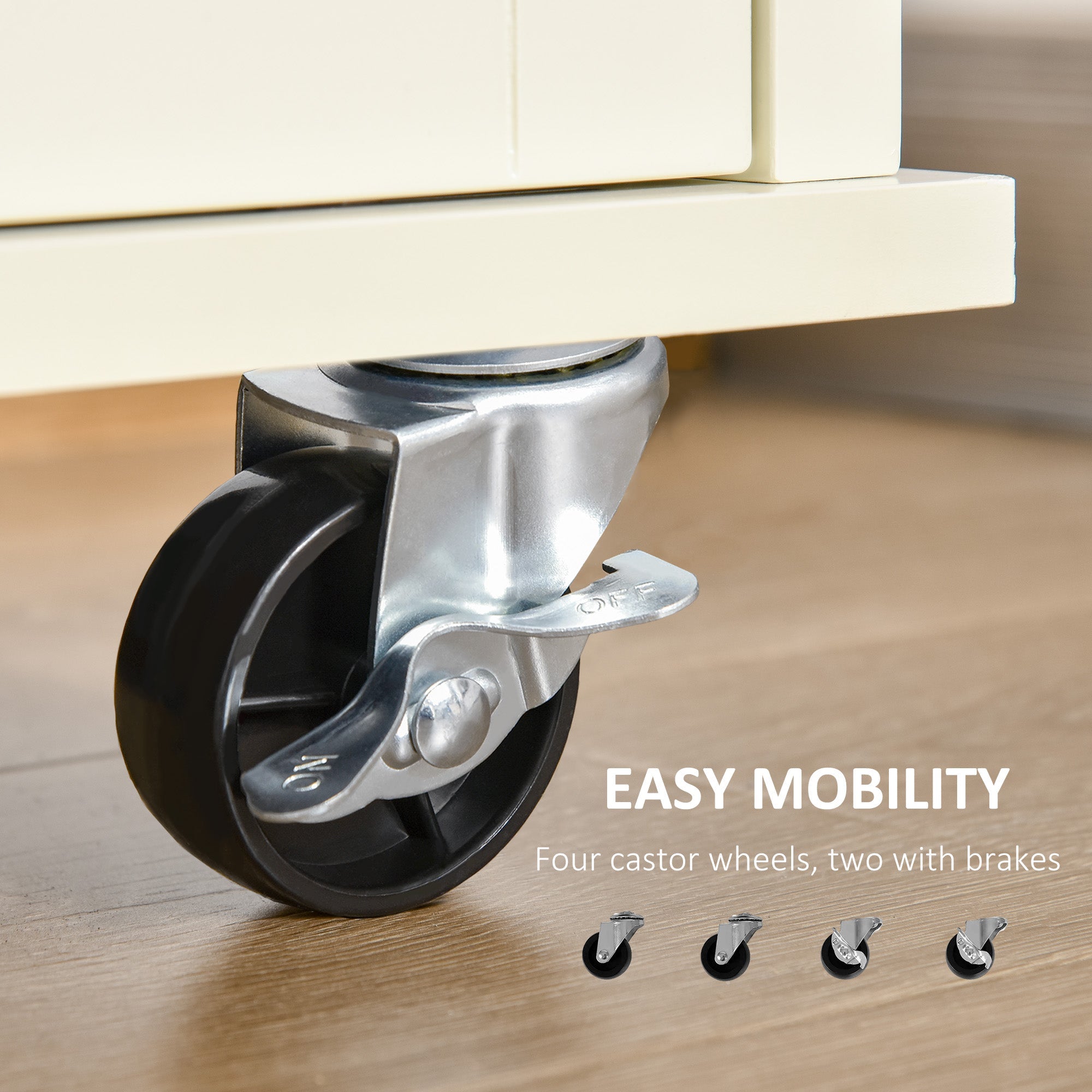 HOMCOM Kitchen Cart on Wheels Rubberwood Top 2 Drawers Towel Rack Cream White Versatile Furniture Storage Rolling Island