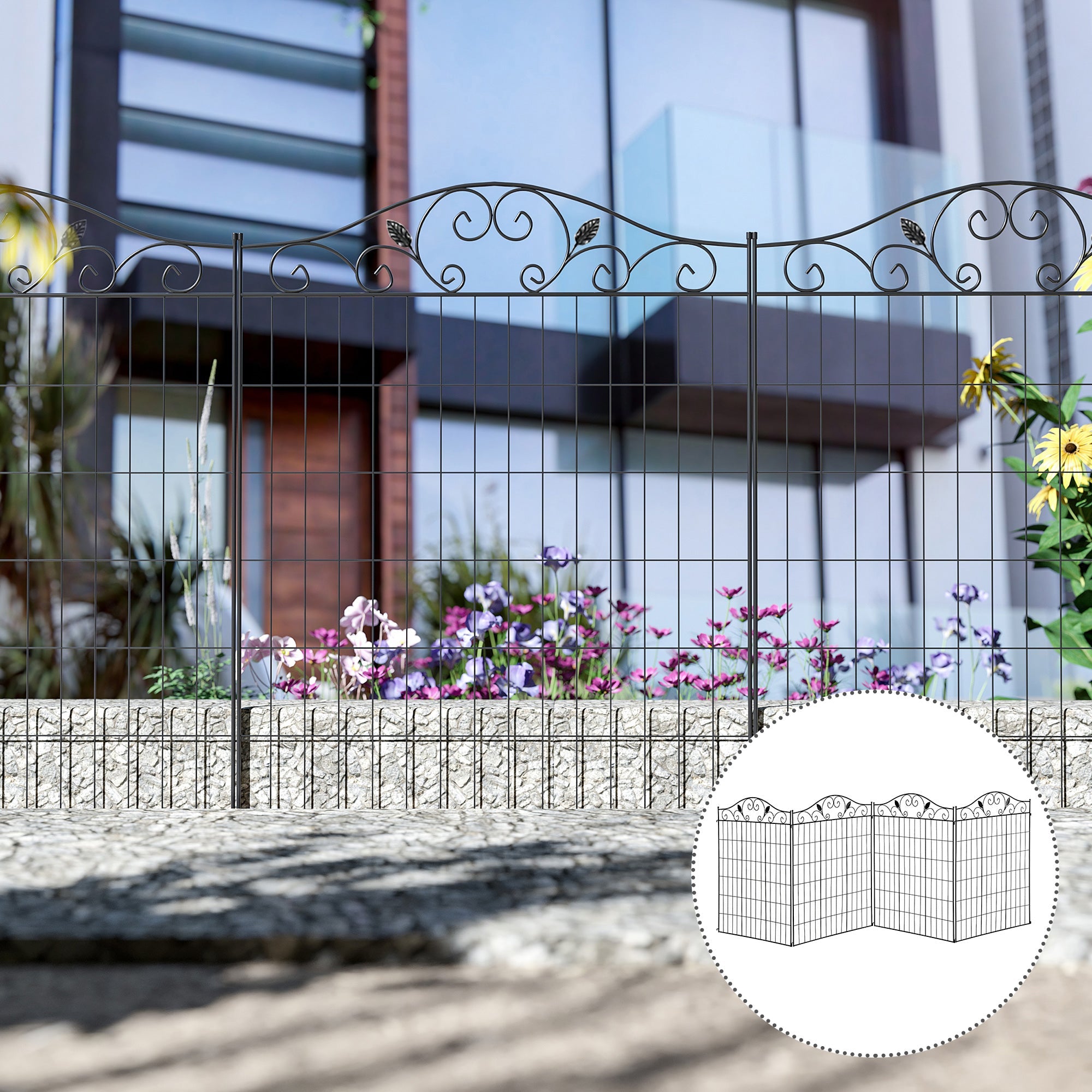 Outsunny Decorative Garden Fence 4 Panels 44in x 12ft Steel Wire Border Edging for Flower Bed Landscaping Outdoor Decor