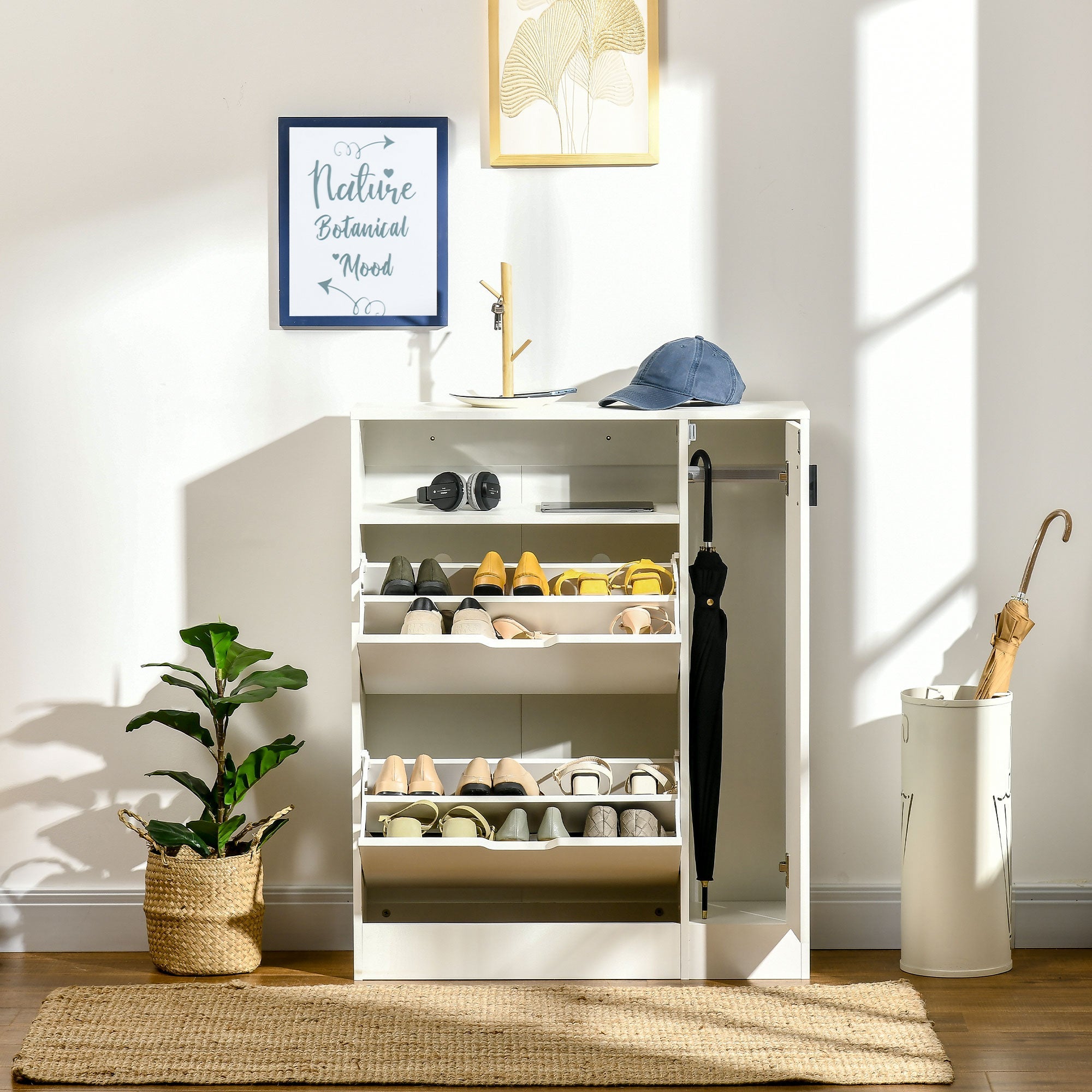HOMCOM Contemporary Shoe Haven: 12-Pair Storage Cabinet with 2 Flip Drawers, Shelf, Open Umbrella Compartment