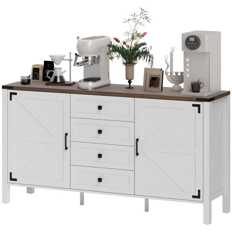 59" Buffet Cabinet, Farmhouse Sideboard with Thick Top, 2 Barn Doors, 4 Drawers and 2 Adjustable Shelves, White