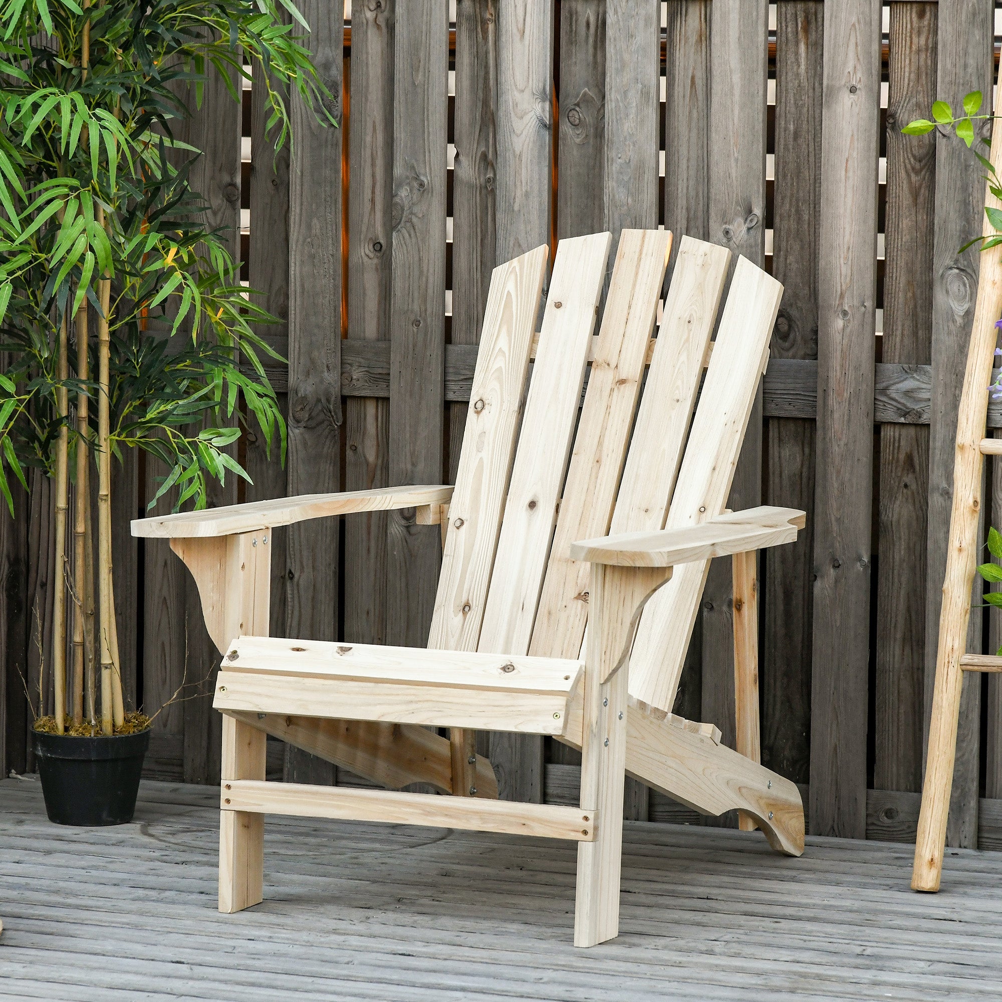 Outsunny Wood Adirondack Chair, Outdoor Patio Chair with Slatted Design for Deck, Garden, Backyard, Fire Pit, Natural