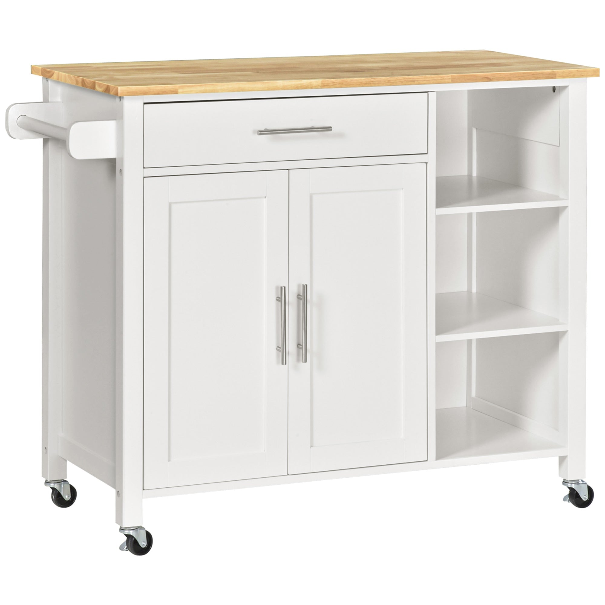 HOMCOM Versatile Valet: Wooden Rolling Kitchen Island with 360° Swivel Wheels, Dining Cart with Drawer, White Finish