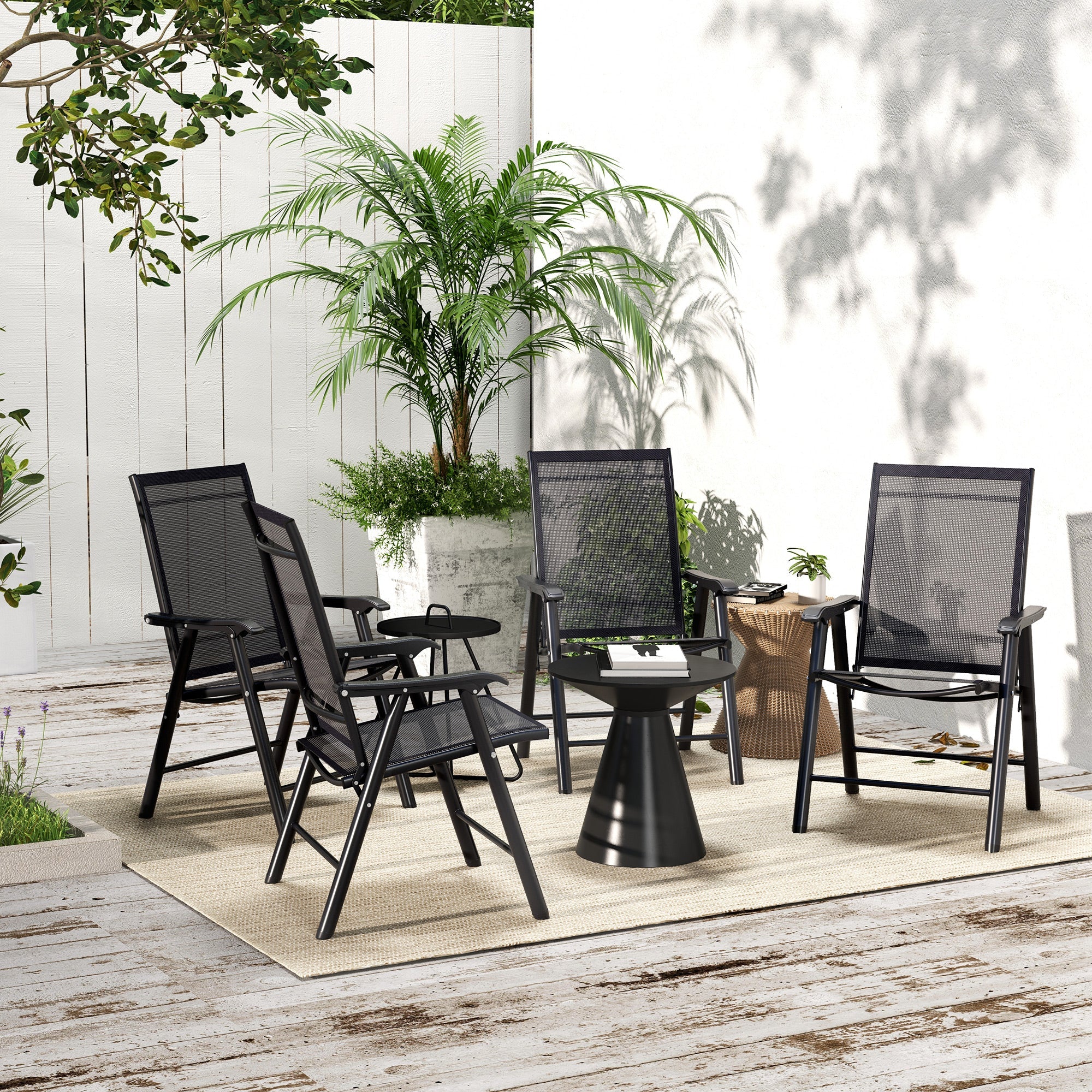 Outsunny 4-Piece Folding Chair Set for Relaxing on Patio Balcony Garden, Comfortable Outdoor Furniture with Armrests, Black