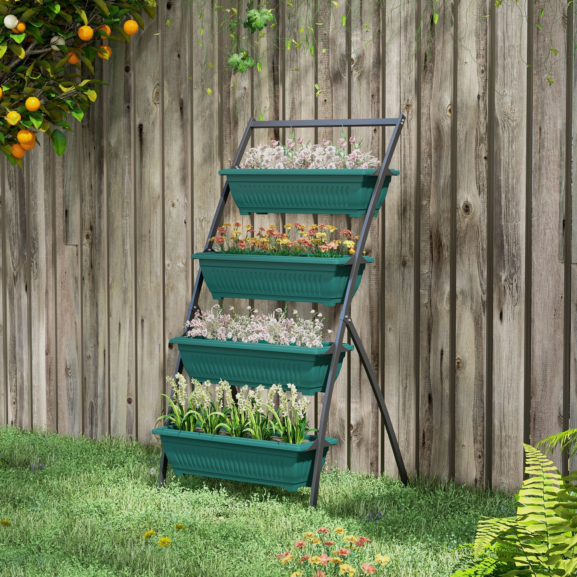 Outsunny 4-Tier Vertical Garden Planter 4 Planting Boxes Green Outdoor Stand for Vegetables Flowers Grow Container