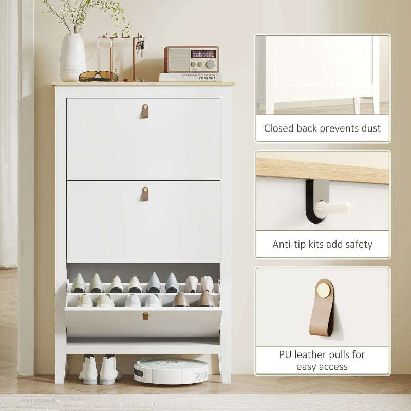 Narrow Shoe Cabinet with 3 Flip Drawers, Adjustable Shelves for Entryway, Holds 15-21 Pairs, White