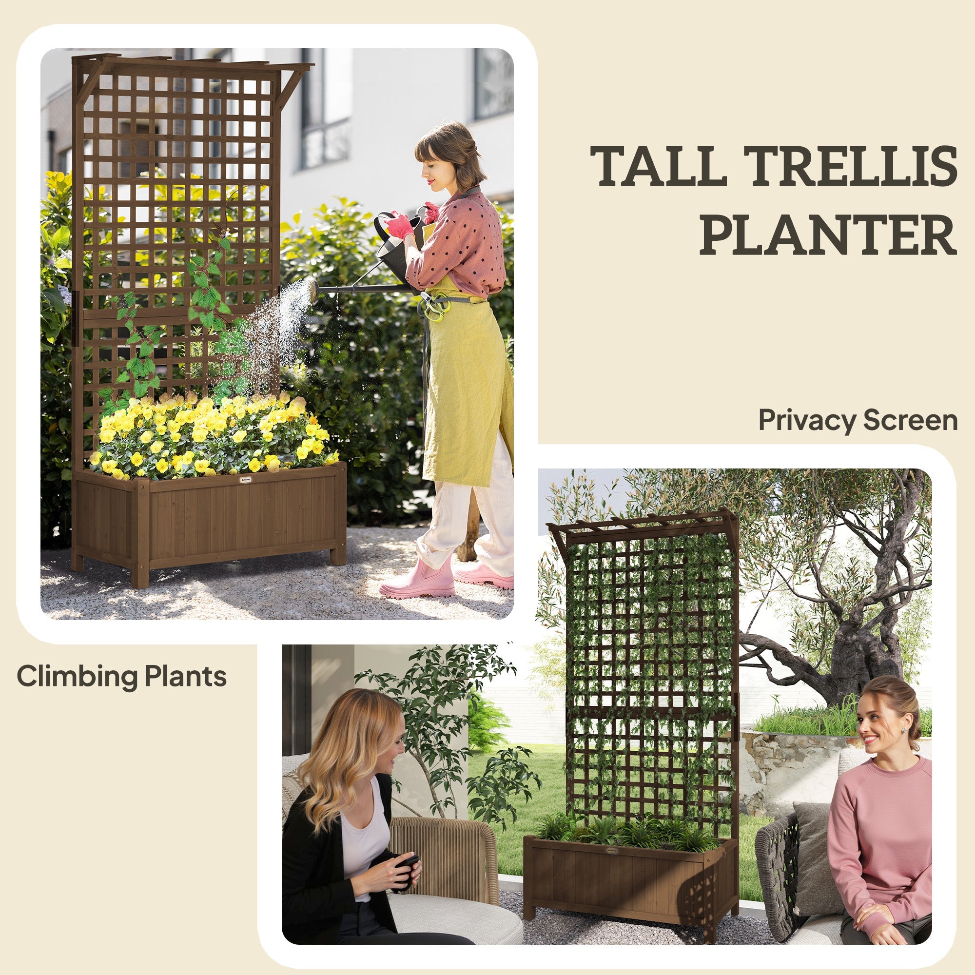 Outsunny Wood Planter with Trellis for Vine Climbing, Raised Garden Bed, Privacy Screen for Backyard, Patio, Deck, Coffee