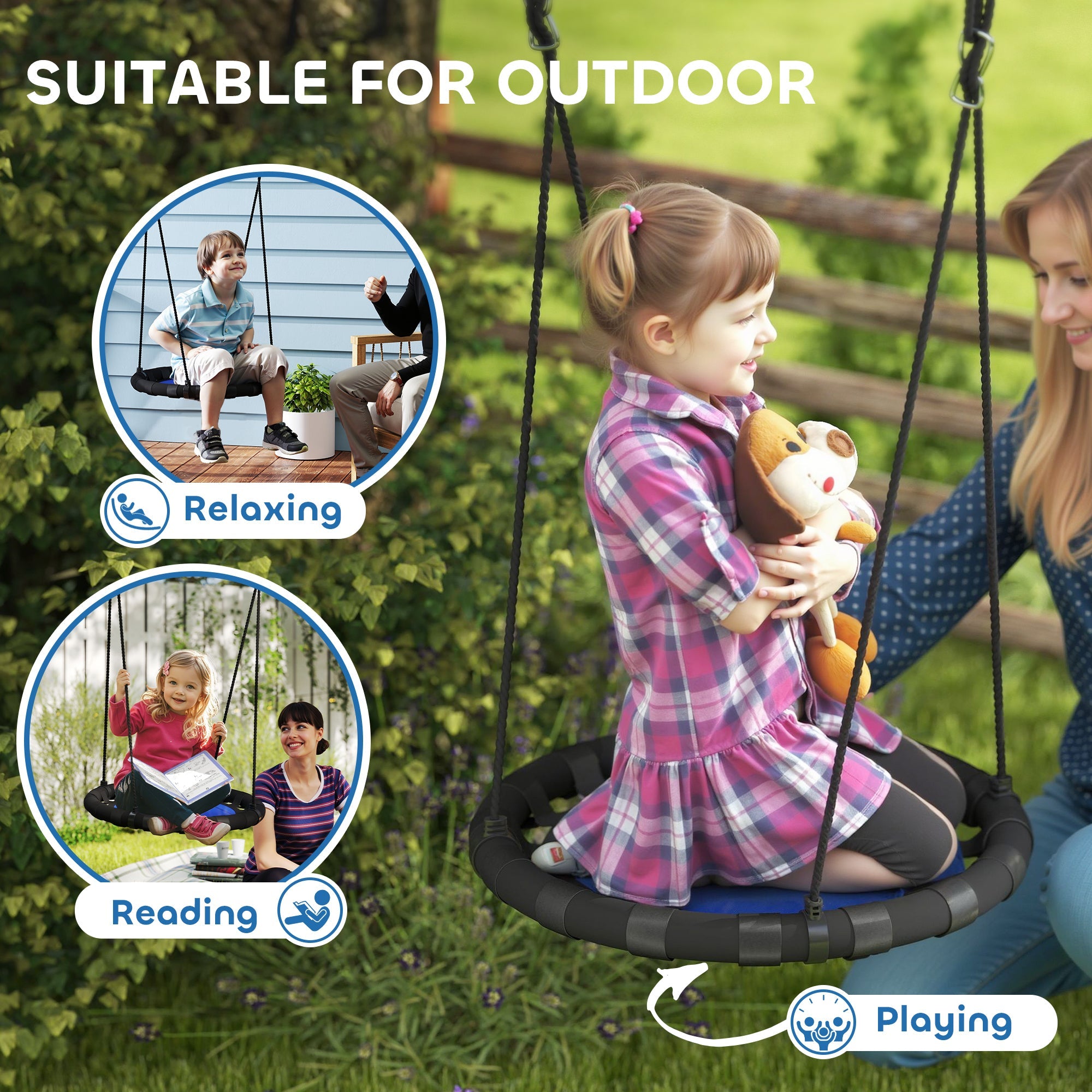 Qaba 24 inch Saucer Tree Swing Set for Kids with Adjustable Hanging Ropes for Outdoor, Backyard, Blue