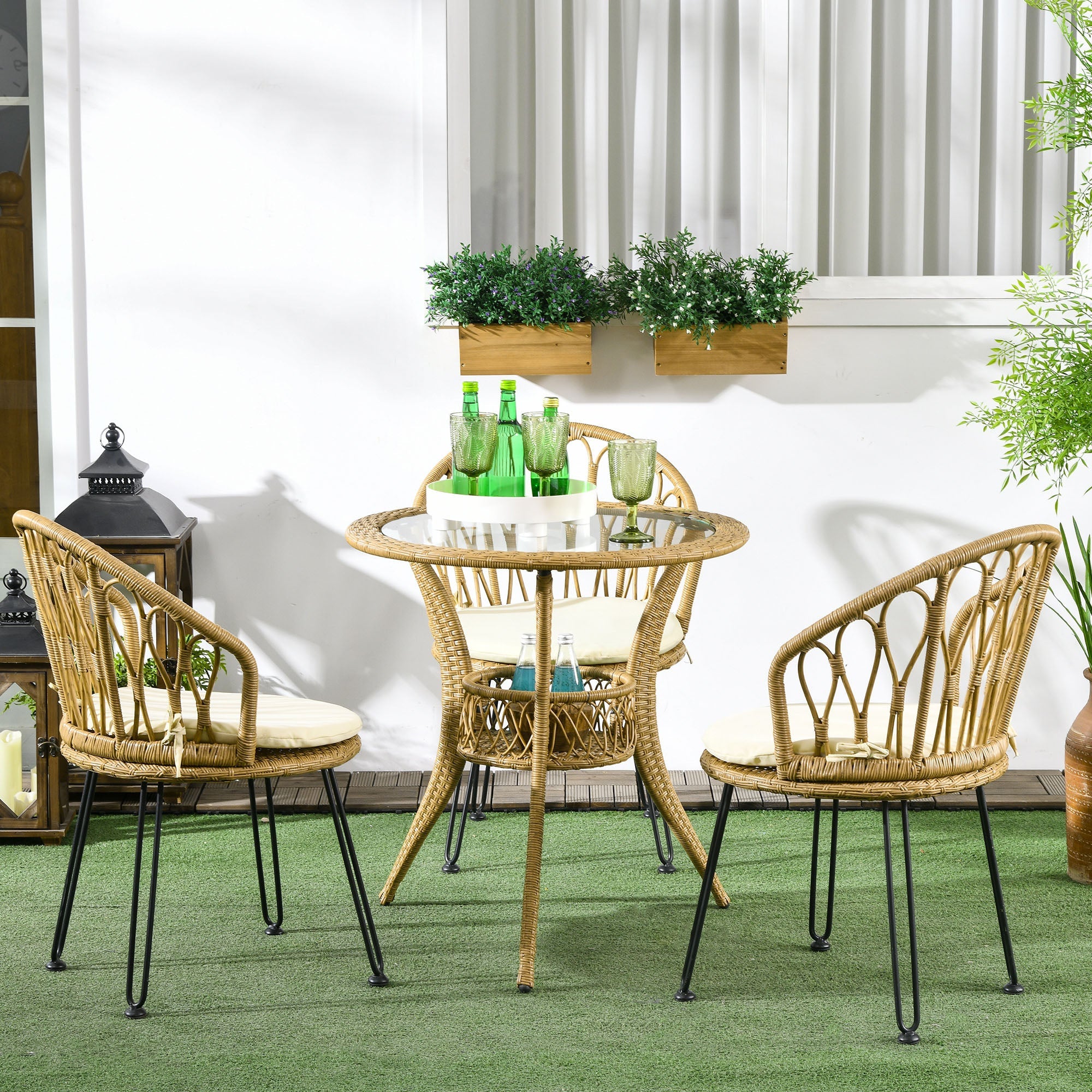 Outsunny 4 Piece Rattan Patio Dining Set Tempered Glass Top Storage Light Brown Furniture