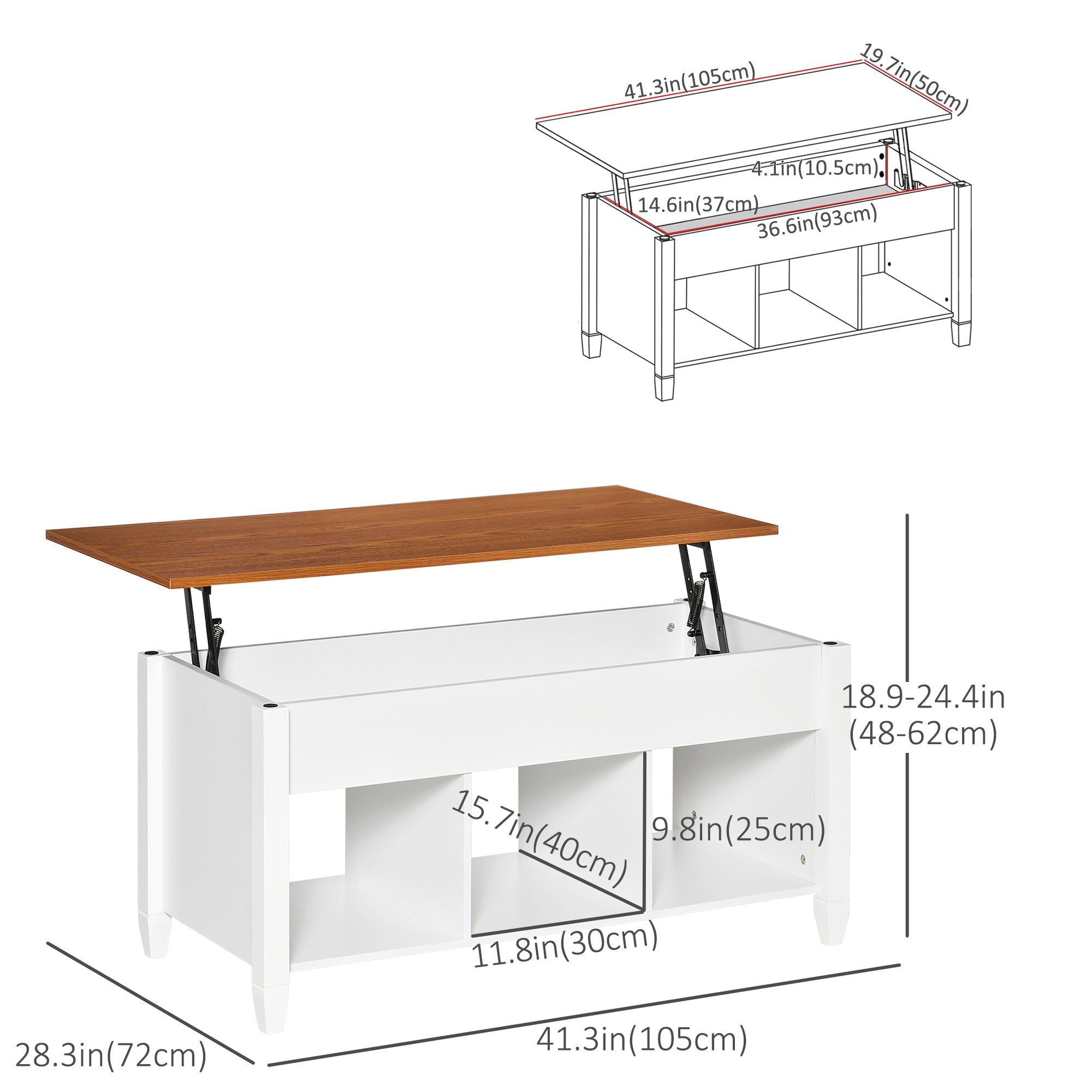 HOMCOM White & Brown Lift Top Coffee Table: Pop-Up Center Table with Hidden Storage, 3 Lower Shelves for Living Room
