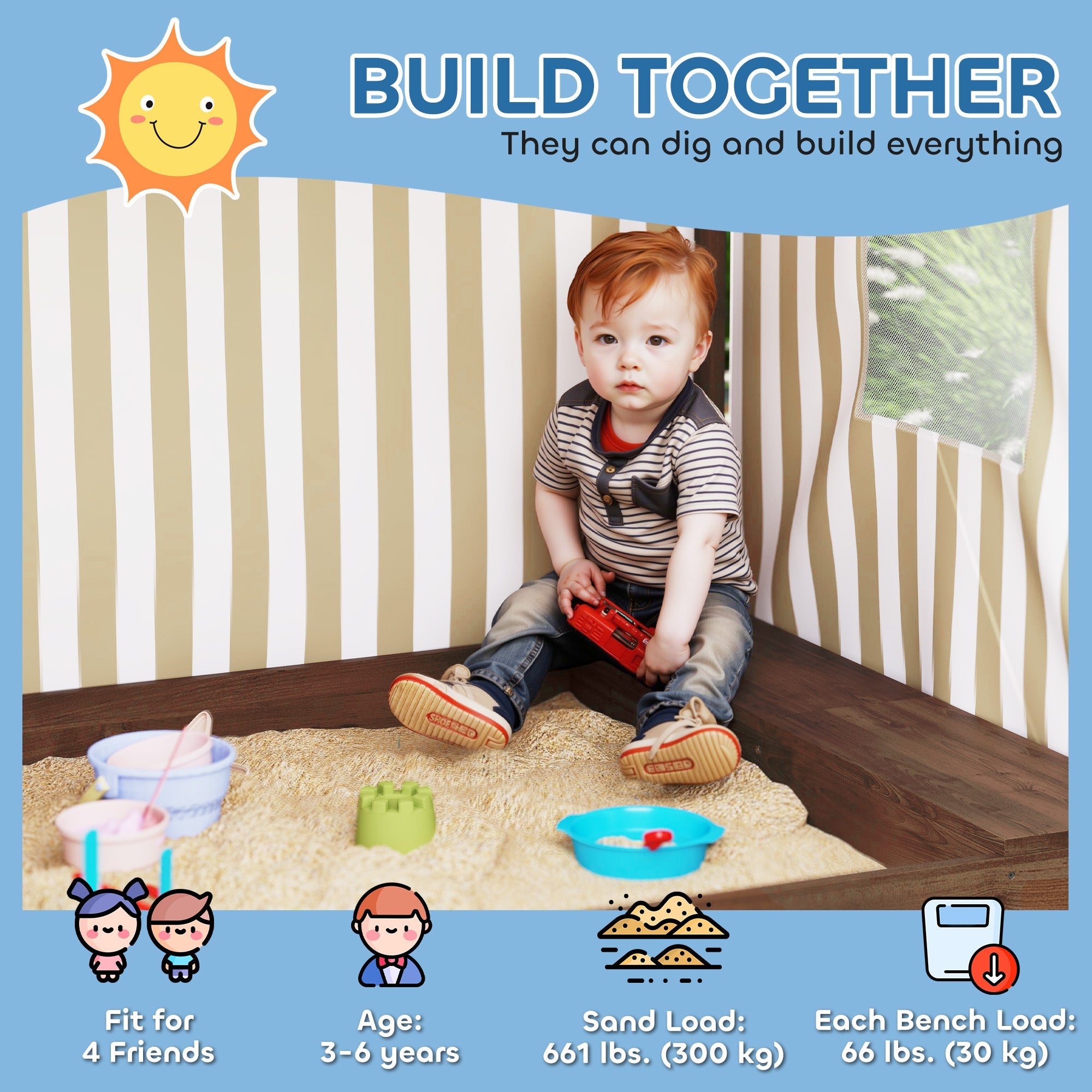 Qaba Kids Sandbox with Full Covered Canopy, Bench Seats, Bottom Liner, for Ages 3-6, 56" x 40" x 52", Brown