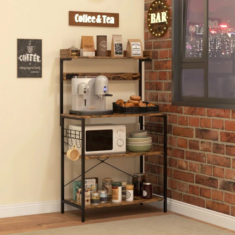 Kitchen Baker's Rack with Power Outlet, Coffee Bar Station with Adjustable Shelves and Hooks, Rustic Brown