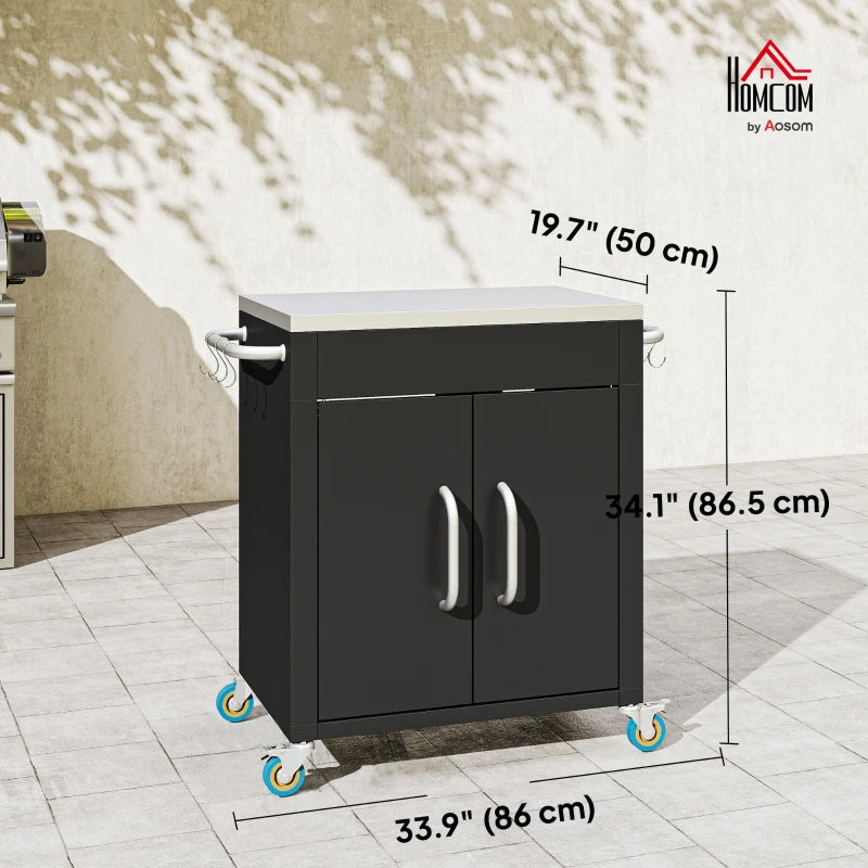 Outdoor Grill Cart with Stainless Steel Top, Pizza Oven Table with Wheels Hooks Cabinet Handles, Black