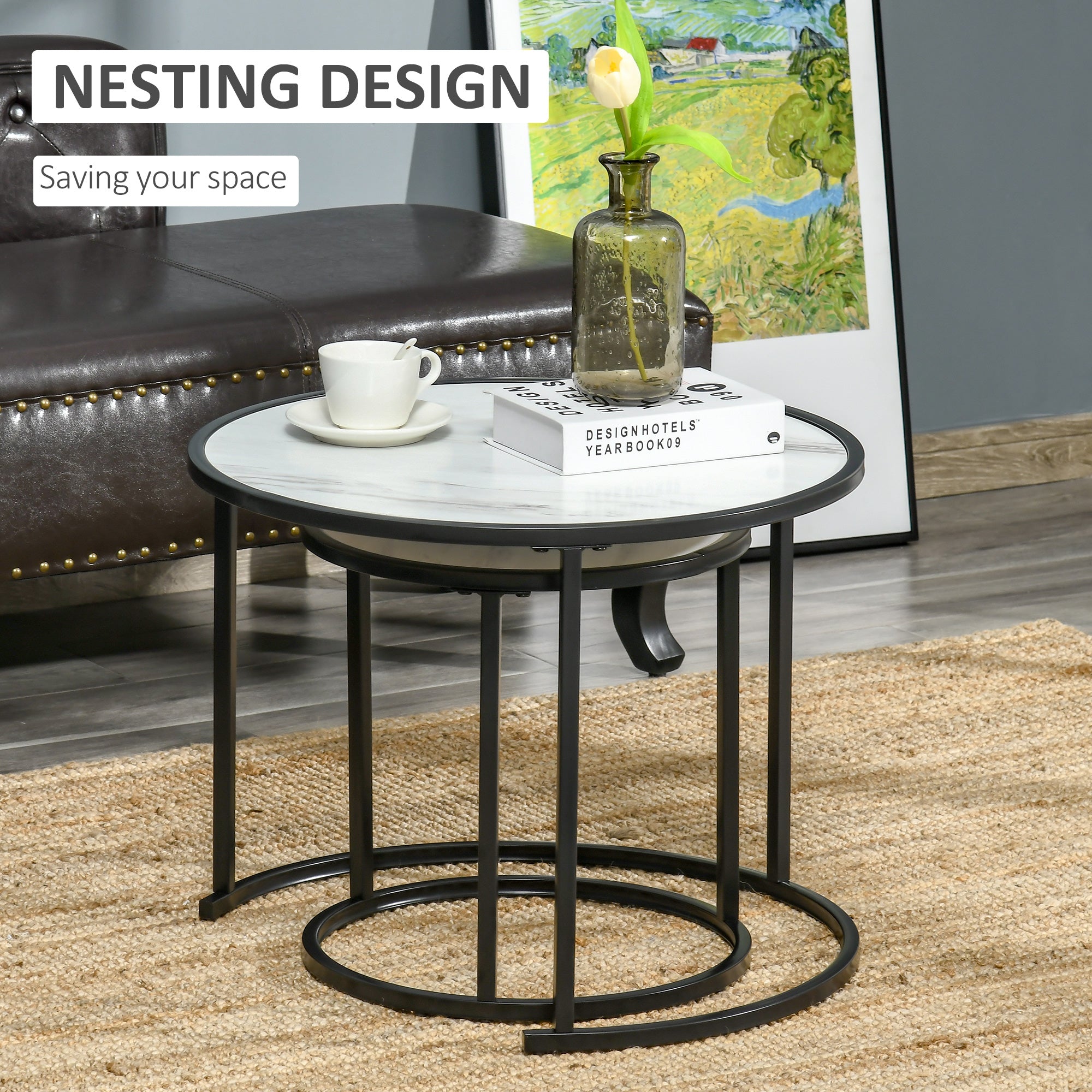 HOMCOM Round Nesting Coffee Table Set of 2 Stacking Modern Accent Tables Faux Marble Tabletop Metal Frame White