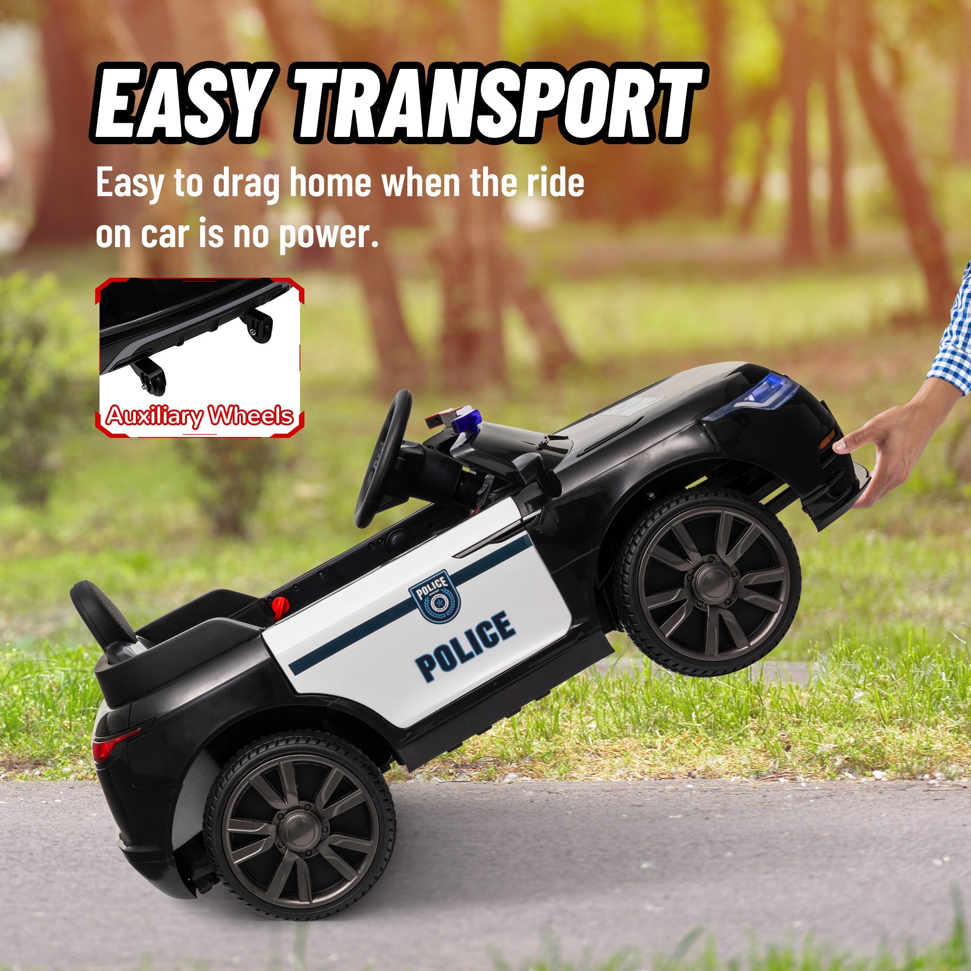 Qaba 12V Kids Electric Police Car w/ Remote Control, Spring Suspension, Training Wheel, Siren, Music, Light, Horn, Black