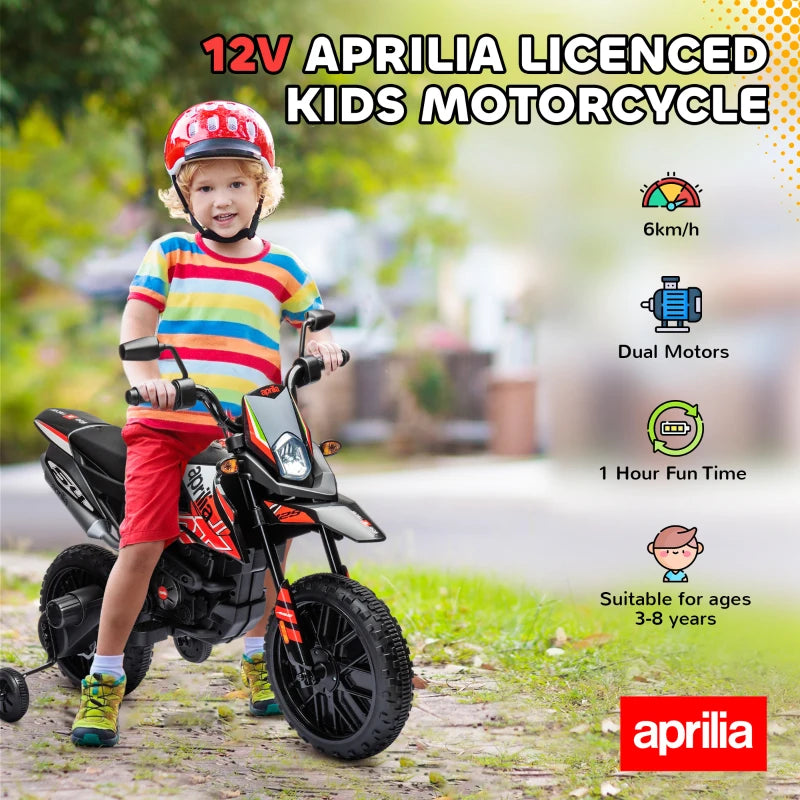 Qaba 12V Aprilia Licenced Kids Electric Motorcycle, Battery-Powered Dirt Bike with Training Wheels for Aged 3-8, Red