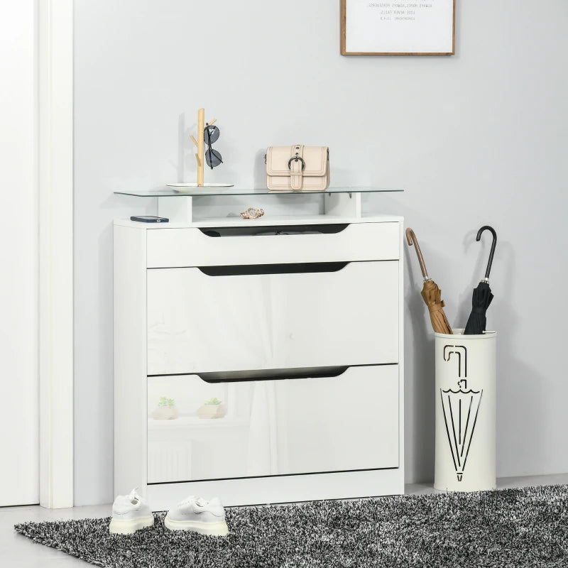 High Gloss Shoe Cabinet with 2 Flip Drawers and Adjustable Shelves, Narrow Shoe Storage Cabinet with Glass Top, White