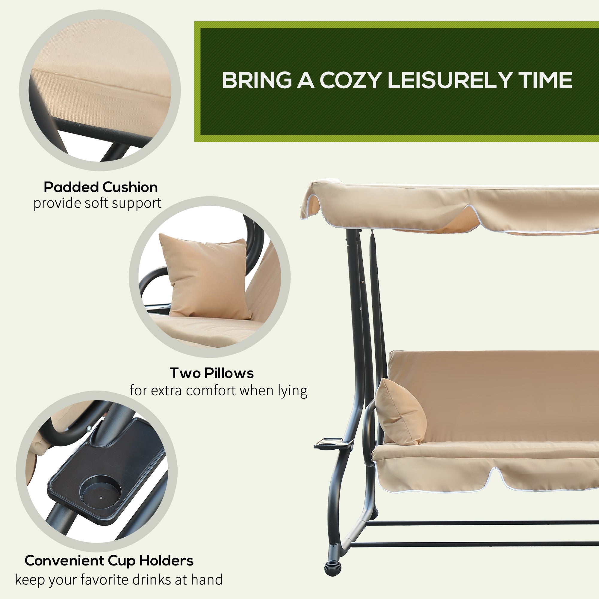 Outsunny Heavy-duty Metal 3 Seater Outdoor Swing Chair Garden Hammock Bed with Canopy and 2 Pillows Beige