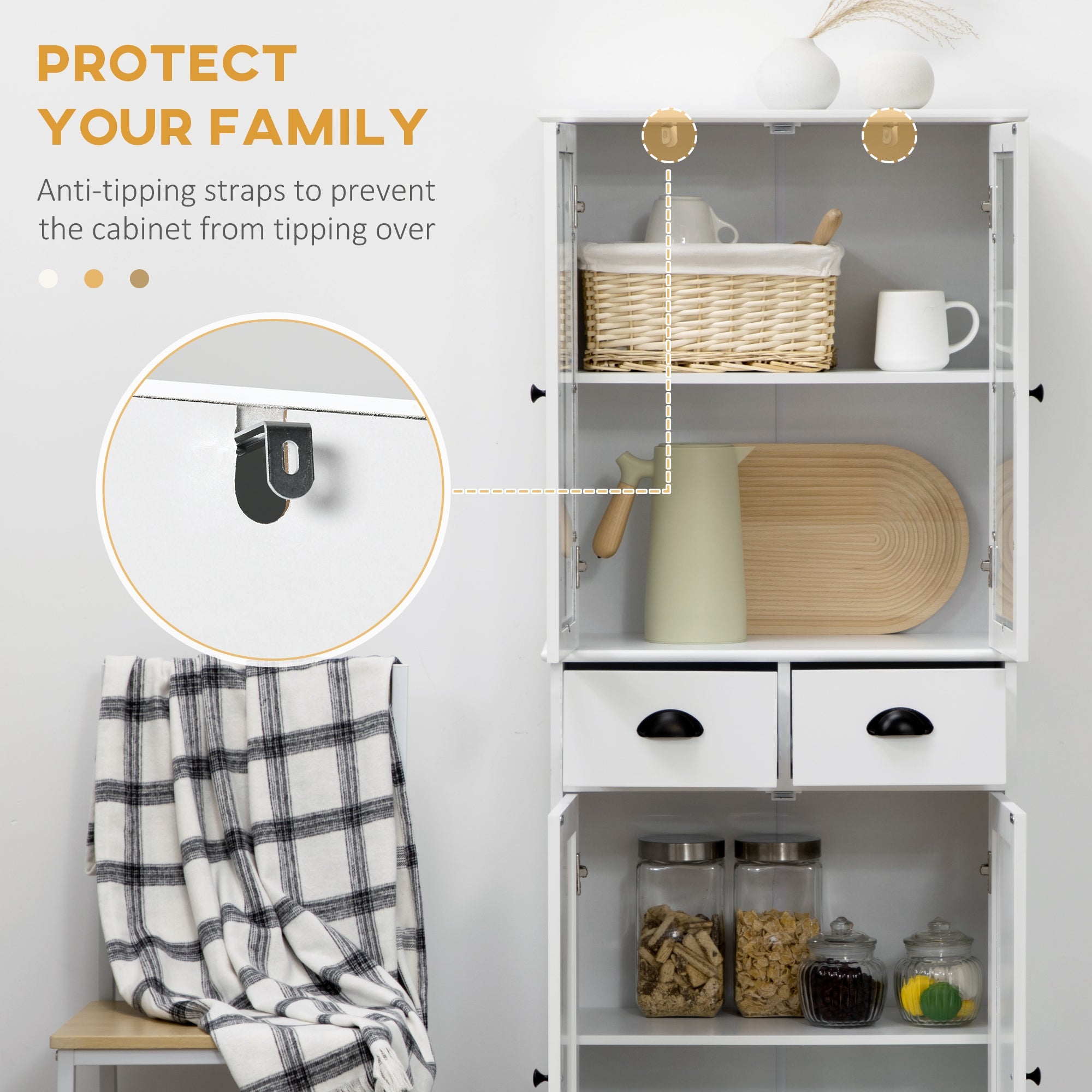 HOMCOM 61" Traditional Freestanding Kitchen Pantry Cabinet White Storage Soft Close Doors Shelves Drawers
