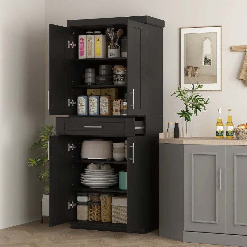 72" Storage Cabinet, Freestanding Kitchen Pantry Cabinet with 4 Doors, Drawer and 3 Adjustable Shelves, Black