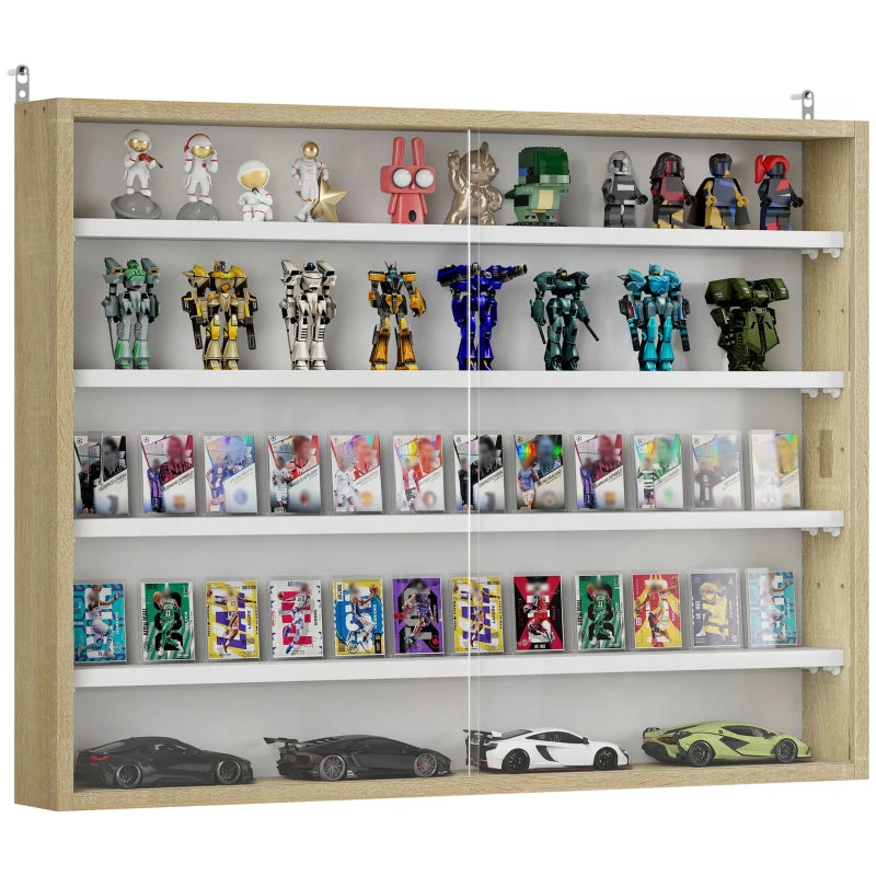 5-Tier Display Cabinet, Shot Glass Display Case, Glass Curio Cabinet with 2 Glass Doors and 4 Adjustable Shelves, Oak