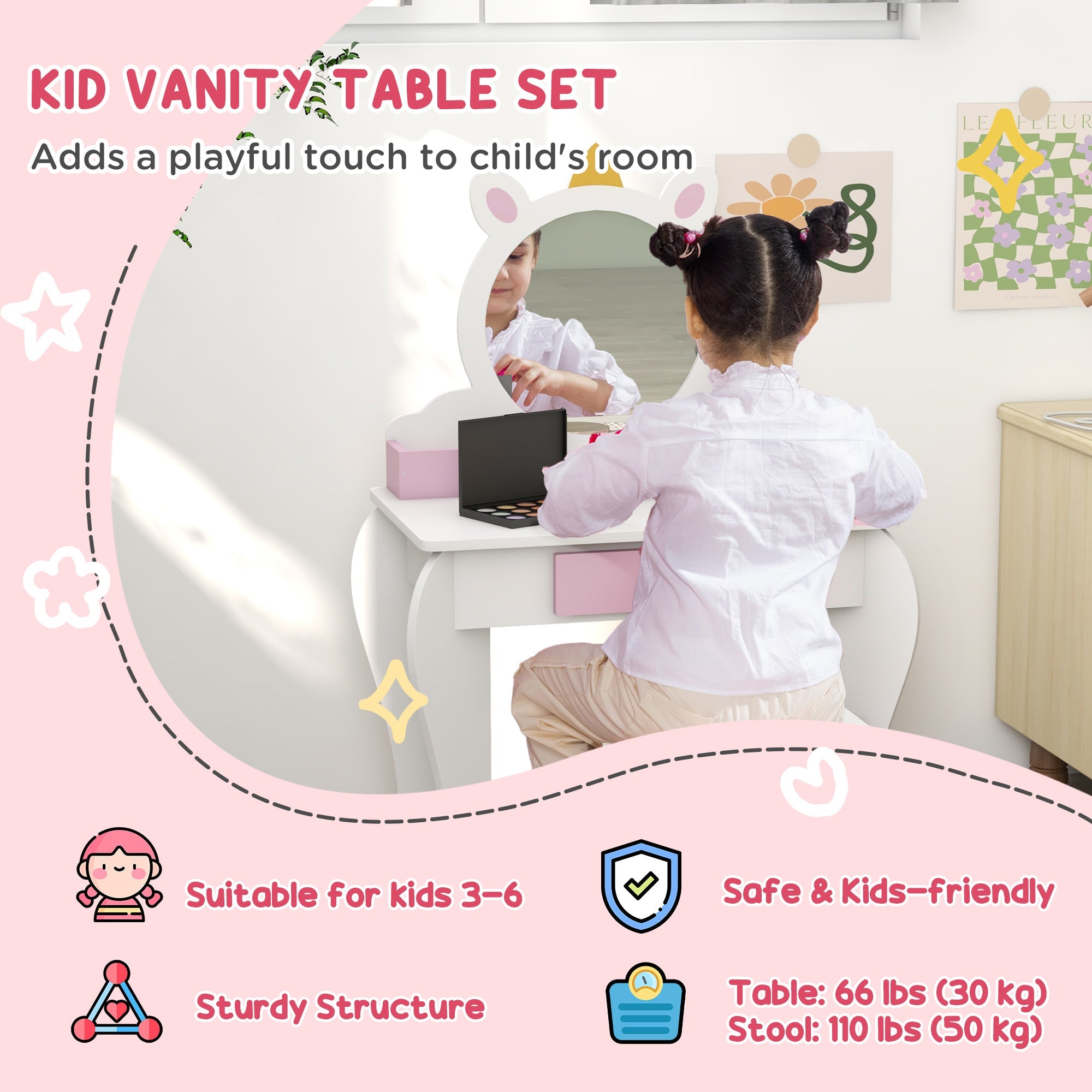 Qaba Unicorn Vanity Set: Stool, Mirror, Drawer, Storage Boxes for Kids, White