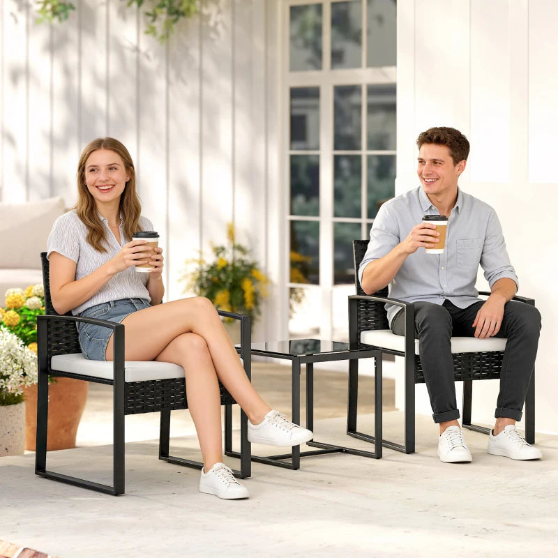 Outdoor Bistro Set, 3 Piece Wicker Patio Furniture Set with Glass Top Table and Cushions for Porch, Balcony, Cream White