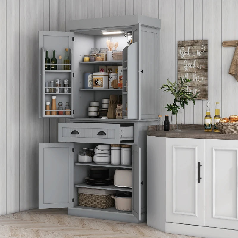 71" Kitchen Pantry Cabinet with LED Lights, 6 Spice Racks, a Drawer and 4 Adjustable Shelves, Grey