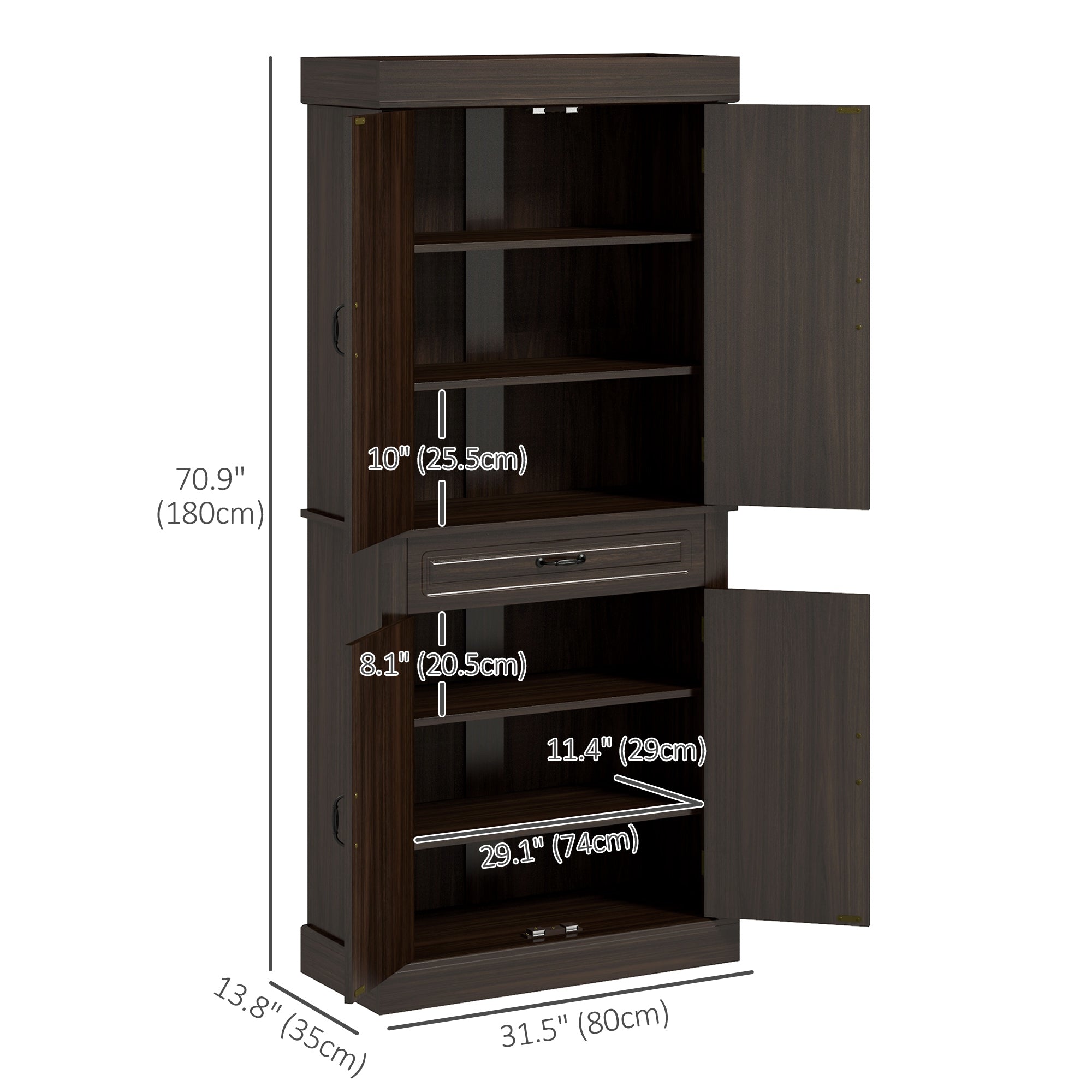 HOMCOM Coffee Wood Pantry Cabinet: 71" Tall Freestanding Kitchen Organizer with 4 Doors, 2 Cabinets & Drawer