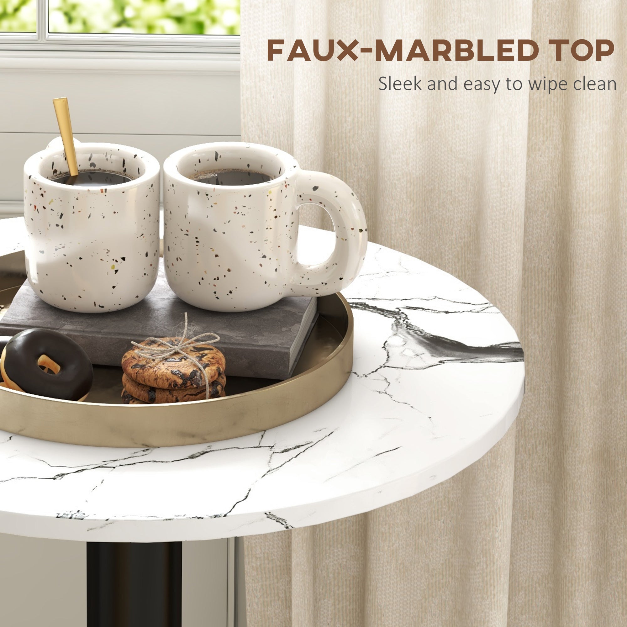 HOMCOM High Top Bar Table Modern Round Dining Faux-marbled Top Gold Base Bistro for 2 White